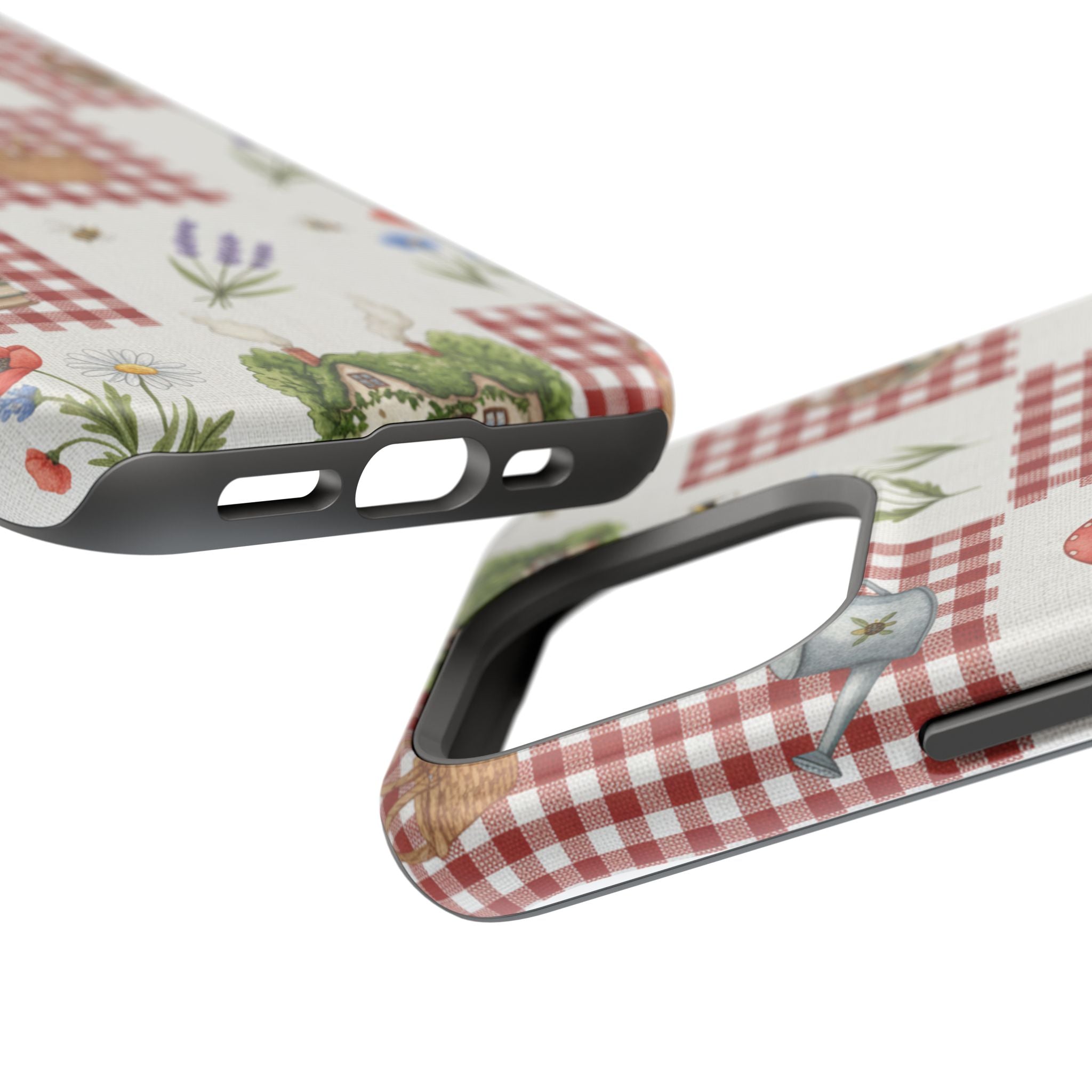 Red Gingham Check Phone Case Rustic Farmhouse Theme Watercolor Countryside Print Whimsical Floral Cell Phone Cover