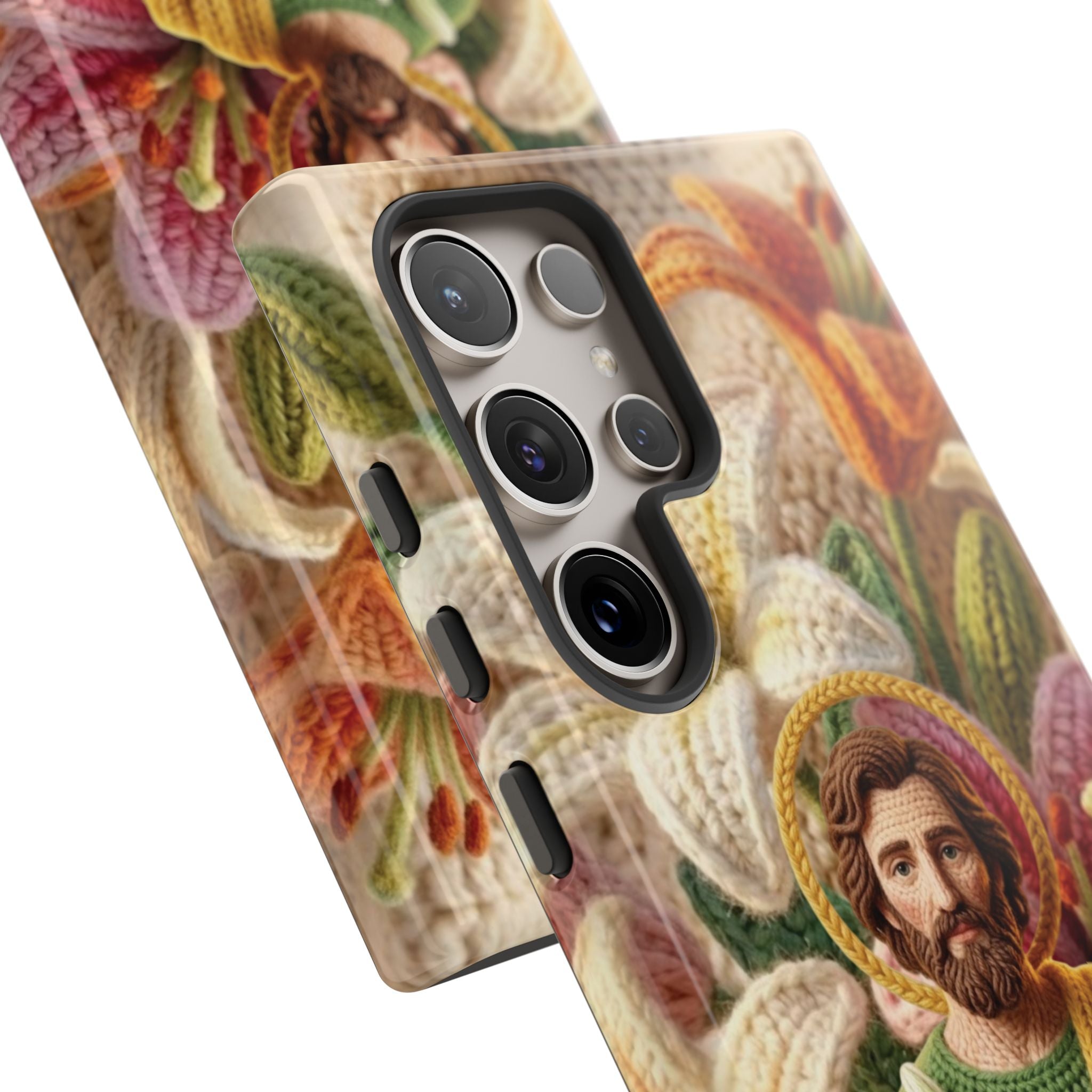 Phone Case Saint Joseph Lilies Design Holy Figure Phone Cover Faith Based Faux Yarn Saint of Workers Gift Samsung iPhone Pixel Models