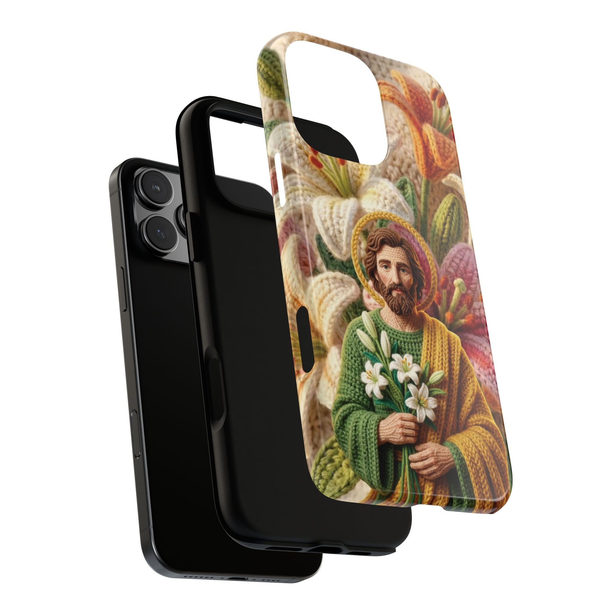Phone Case Saint Joseph Lilies Design Holy Figure Phone Cover Faith Based Faux Yarn Saint of Workers Gift Samsung iPhone Pixel Models