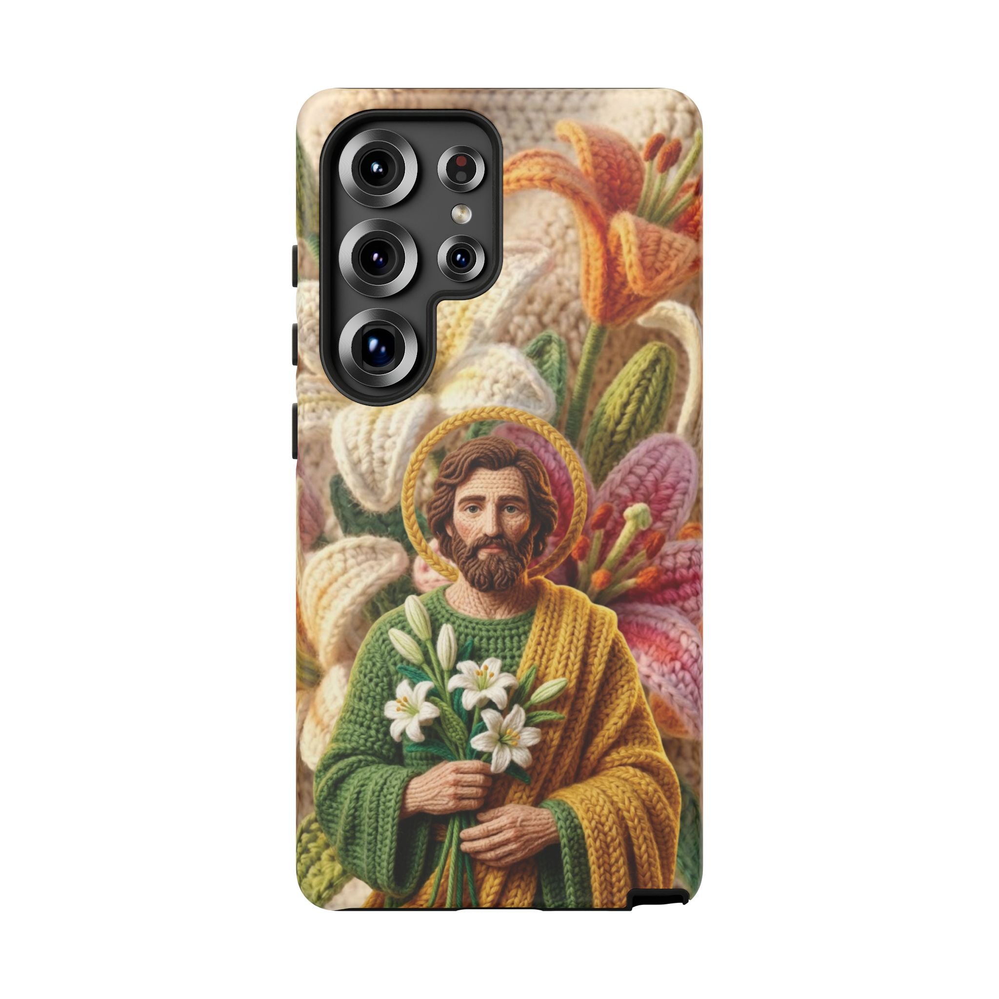 Phone Case Saint Joseph Lilies Design Holy Figure Phone Cover Faith Based Faux Yarn Saint of Workers Gift Samsung iPhone Pixel Models