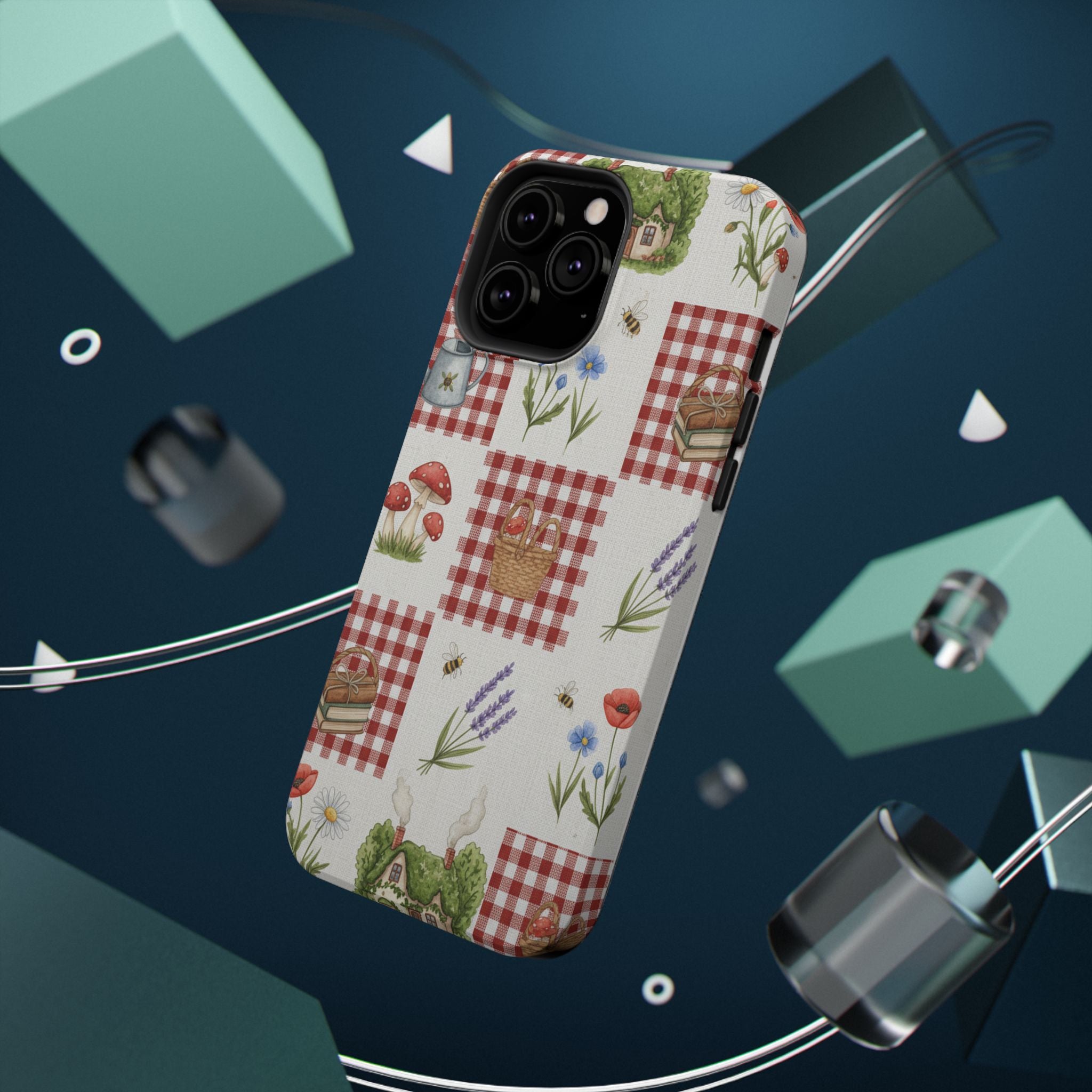 Red Gingham Check Phone Case Rustic Farmhouse Theme Watercolor Countryside Print Whimsical Floral Cell Phone Cover