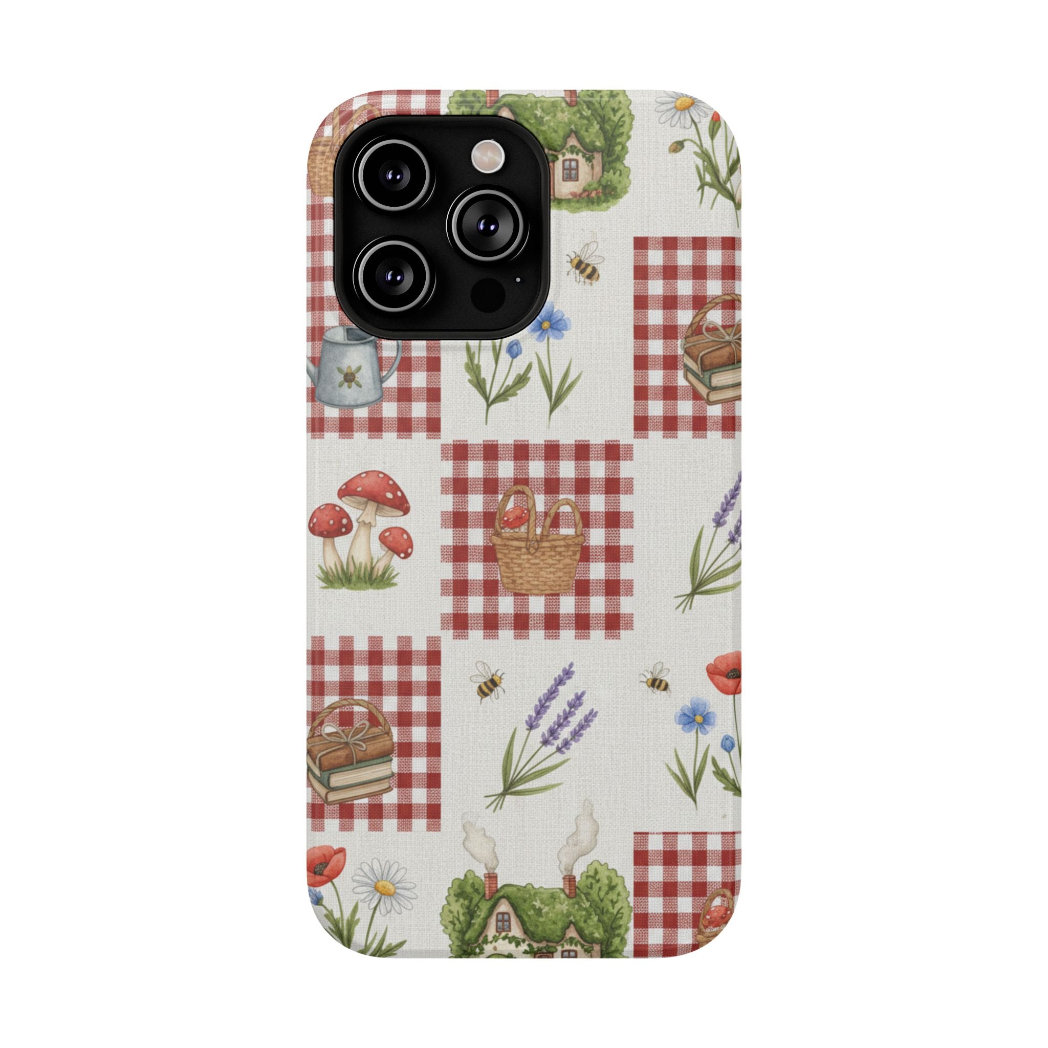 Red Gingham Check Phone Case Rustic Farmhouse Theme Watercolor Countryside Print Whimsical Floral Cell Phone Cover