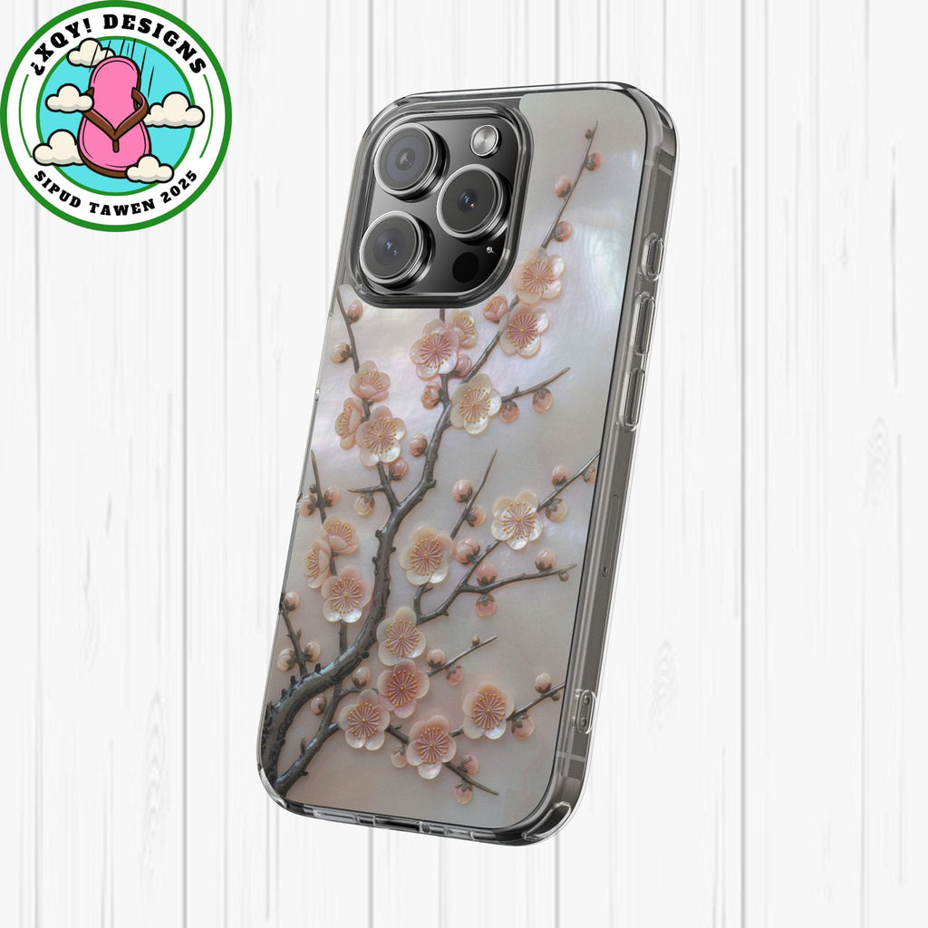 Mother of Pearl Plum Blossom Art Phone Case Nacre Flower Wall Decor Design Iridescent Shell Art Inlay Shimmering Spring Panel Floral Cover