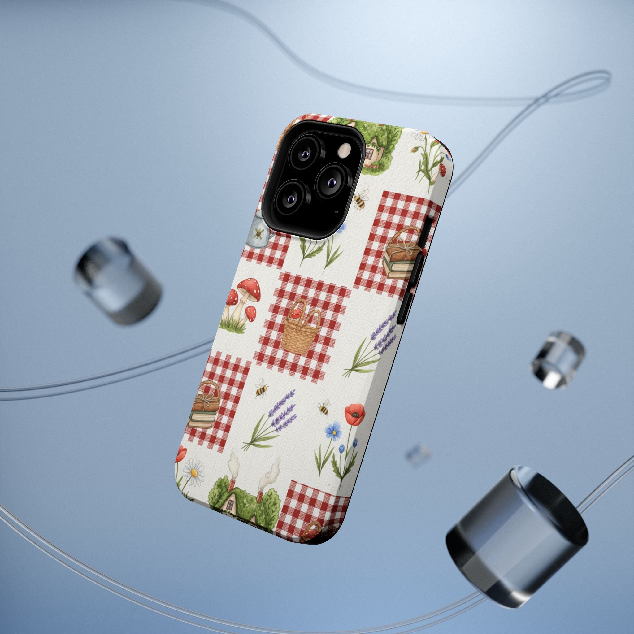 Red Gingham Check Phone Case Rustic Farmhouse Theme Watercolor Countryside Print Whimsical Floral Cell Phone Cover