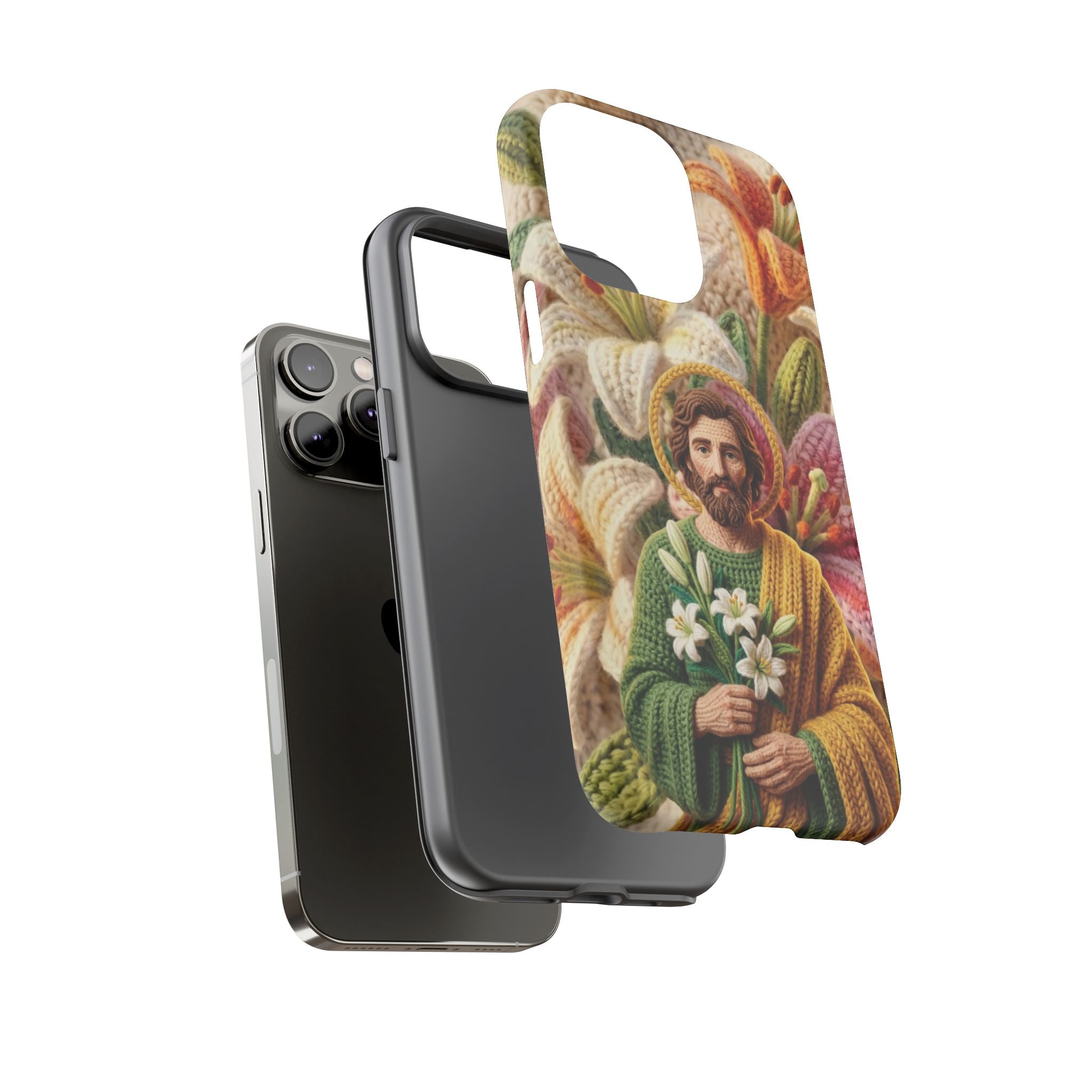 Phone Case Saint Joseph Lilies Design Holy Figure Phone Cover Faith Based Faux Yarn Saint of Workers Gift Samsung iPhone Pixel Models