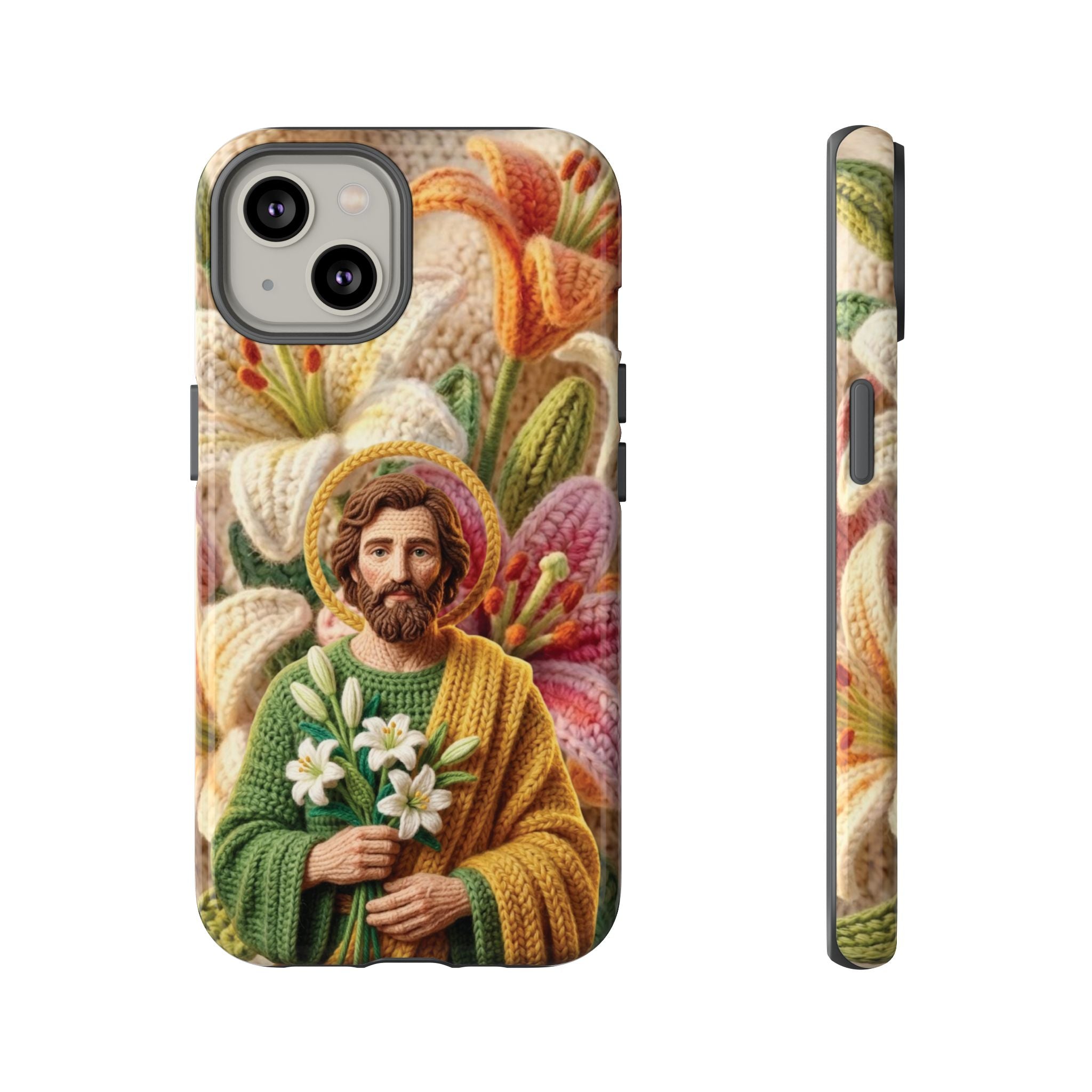 Phone Case Saint Joseph Lilies Design Holy Figure Phone Cover Faith Based Faux Yarn Saint of Workers Gift Samsung iPhone Pixel Models