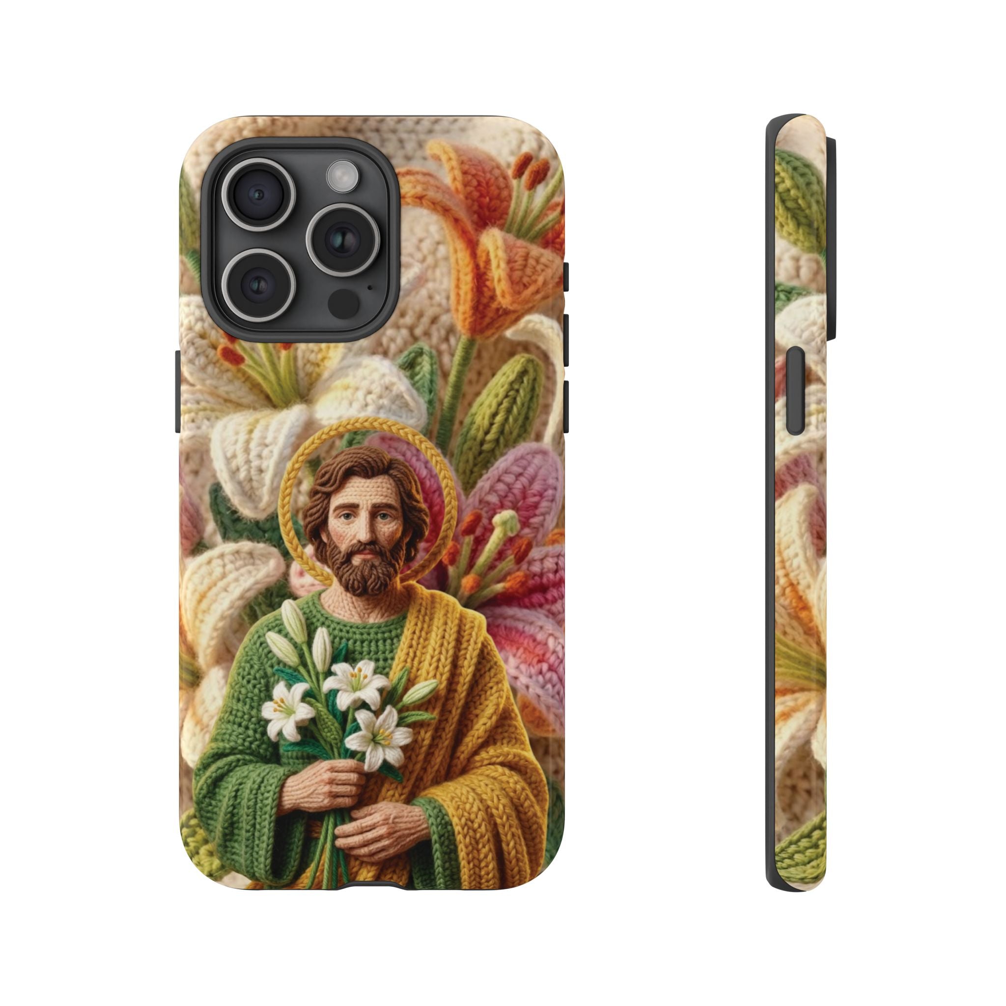 Phone Case Saint Joseph Lilies Design Holy Figure Phone Cover Faith Based Faux Yarn Saint of Workers Gift Samsung iPhone Pixel Models
