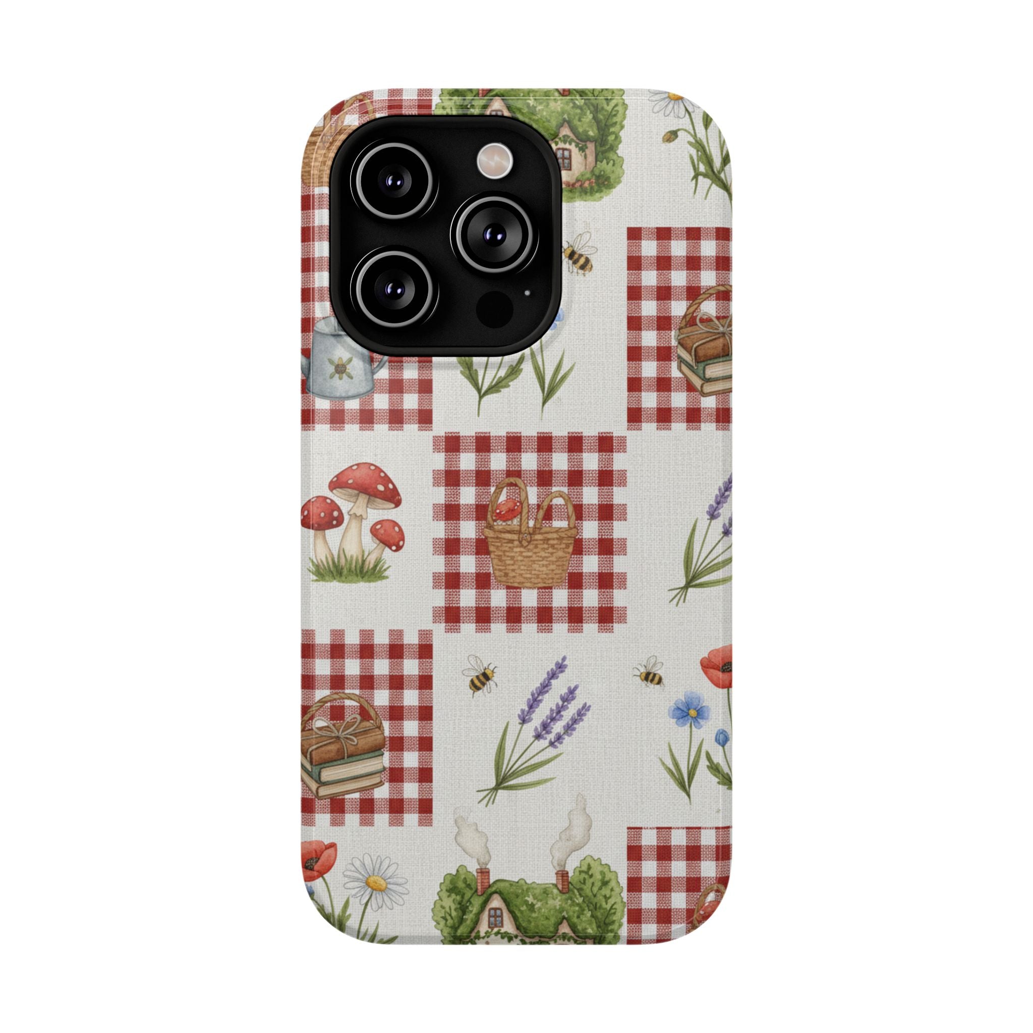 Red Gingham Check Phone Case Rustic Farmhouse Theme Watercolor Countryside Print Whimsical Floral Cell Phone Cover