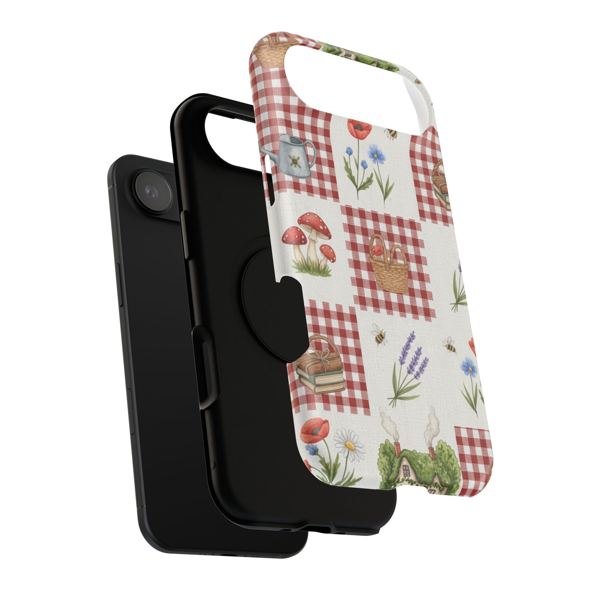 Red Gingham Check Phone Case Rustic Farmhouse Theme Watercolor Countryside Print Whimsical Floral Cell Phone Cover
