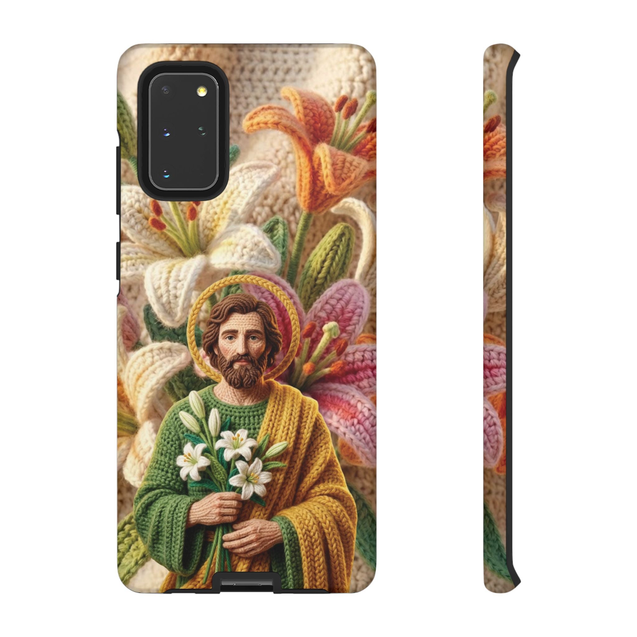 Phone Case Saint Joseph Lilies Design Holy Figure Phone Cover Faith Based Faux Yarn Saint of Workers Gift Samsung iPhone Pixel Models