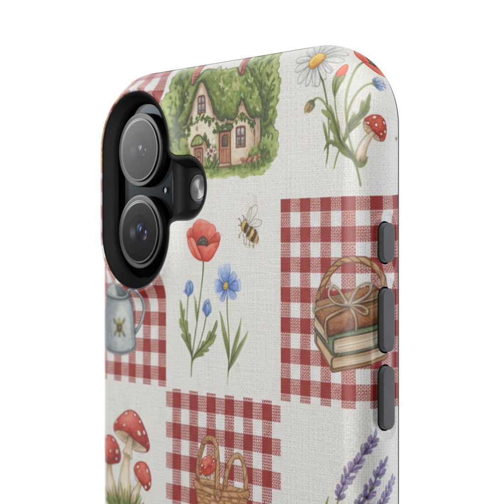 Red Gingham Check Phone Case Rustic Farmhouse Theme Watercolor Countryside Print Whimsical Floral Cell Phone Cover
