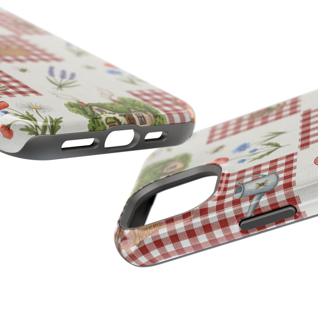 Red Gingham Check Phone Case Rustic Farmhouse Theme Watercolor Countryside Print Whimsical Floral Cell Phone Cover
