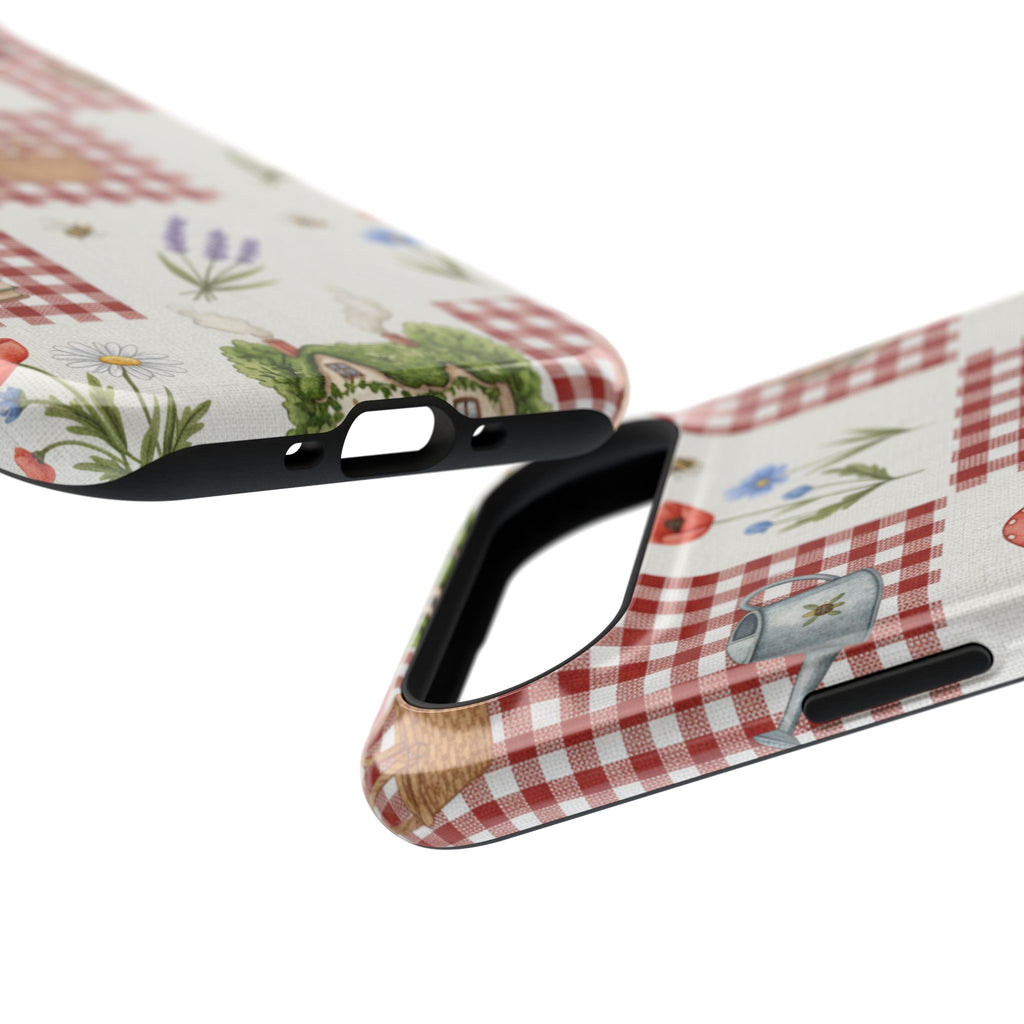 Red Gingham Check Phone Case Rustic Farmhouse Theme Watercolor Countryside Print Whimsical Floral Cell Phone Cover