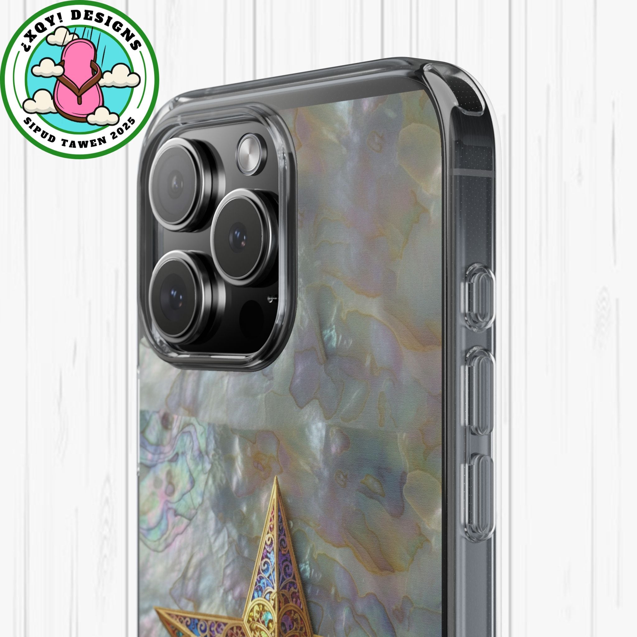 Golden Star Ornament Phone Case Mother of Pearl Background Nacre Texture Festive Celestial Decor Parol Inspired Shimmering Pearl Shell Gift