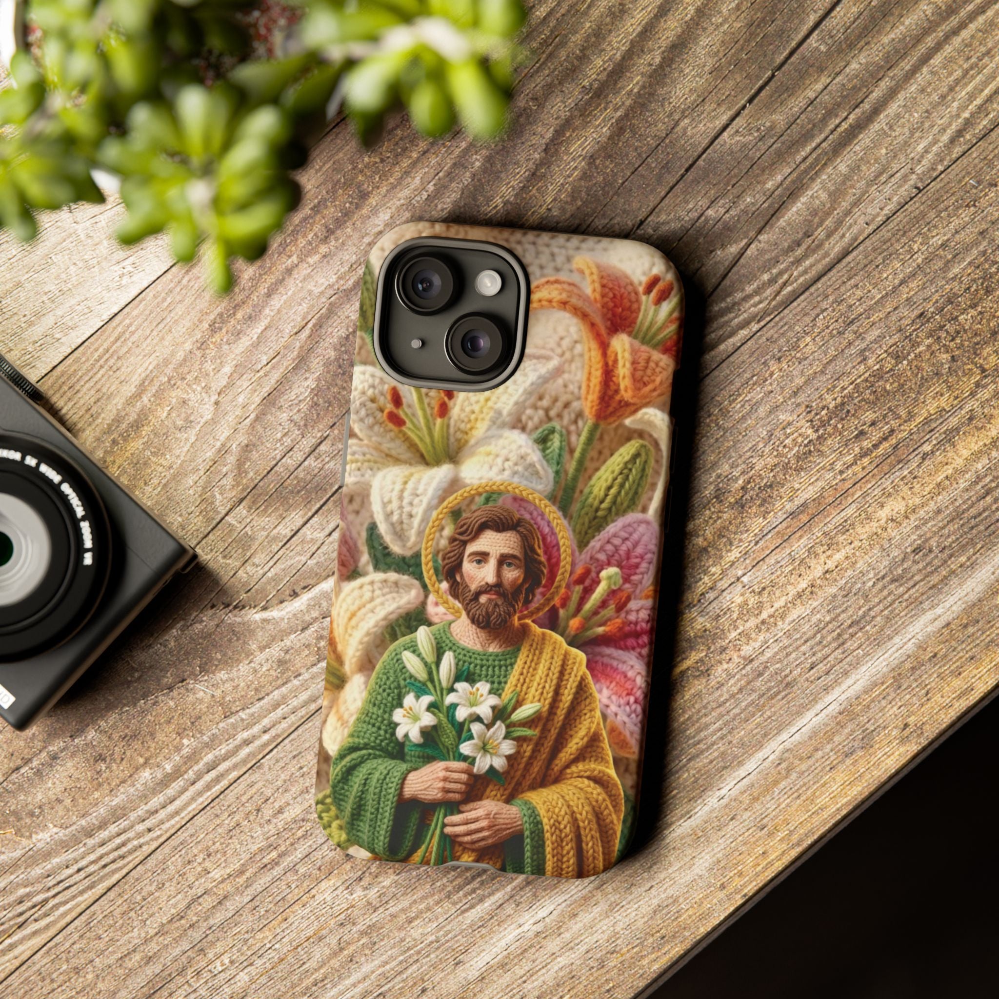 Phone Case Saint Joseph Lilies Design Holy Figure Phone Cover Faith Based Faux Yarn Saint of Workers Gift Samsung iPhone Pixel Models