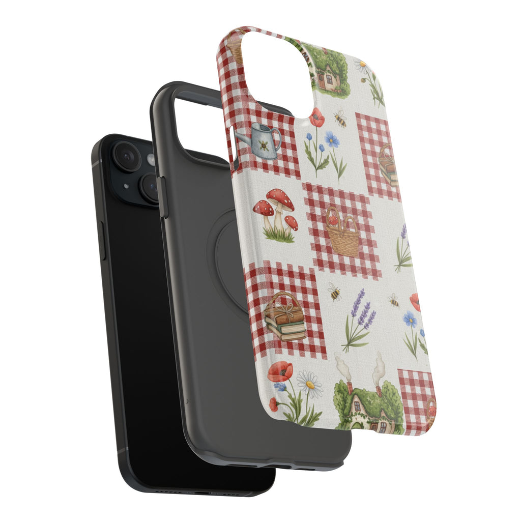Red Gingham Check Phone Case Rustic Farmhouse Theme Watercolor Countryside Print Whimsical Floral Cell Phone Cover