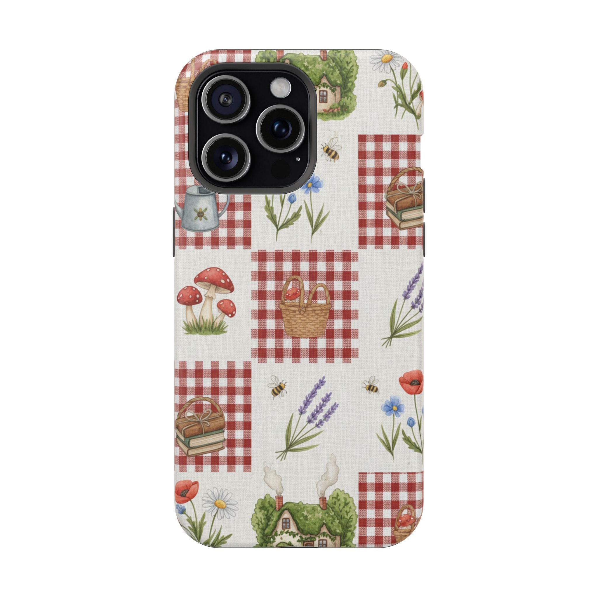 Red Gingham Check Phone Case Rustic Farmhouse Theme Watercolor Countryside Print Whimsical Floral Cell Phone Cover