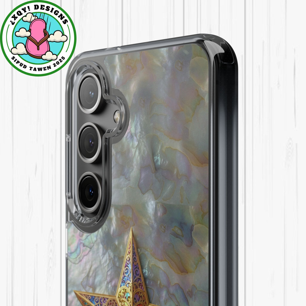 Golden Star Ornament Phone Case Mother of Pearl Background Nacre Texture Festive Celestial Decor Parol Inspired Shimmering Pearl Shell Gift