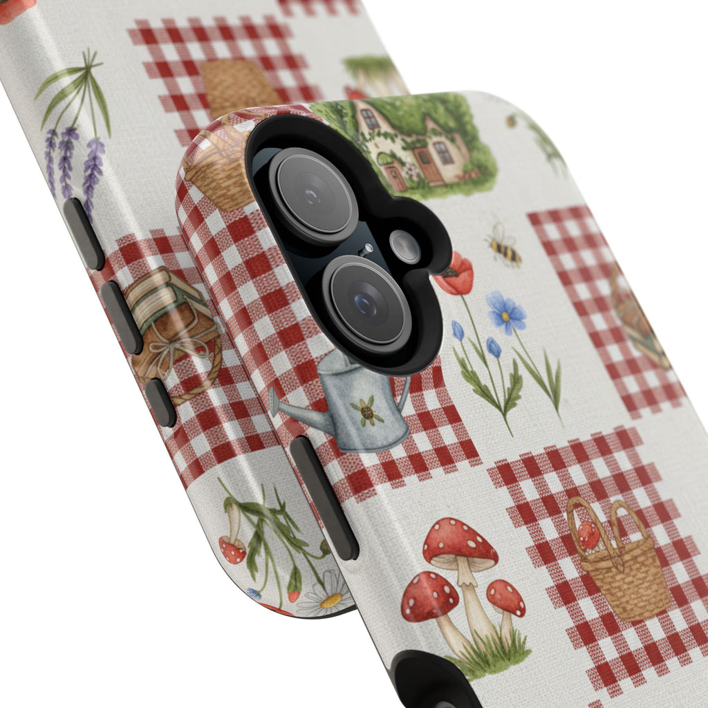 Red Gingham Check Phone Case Rustic Farmhouse Theme Watercolor Countryside Print Whimsical Floral Cell Phone Cover