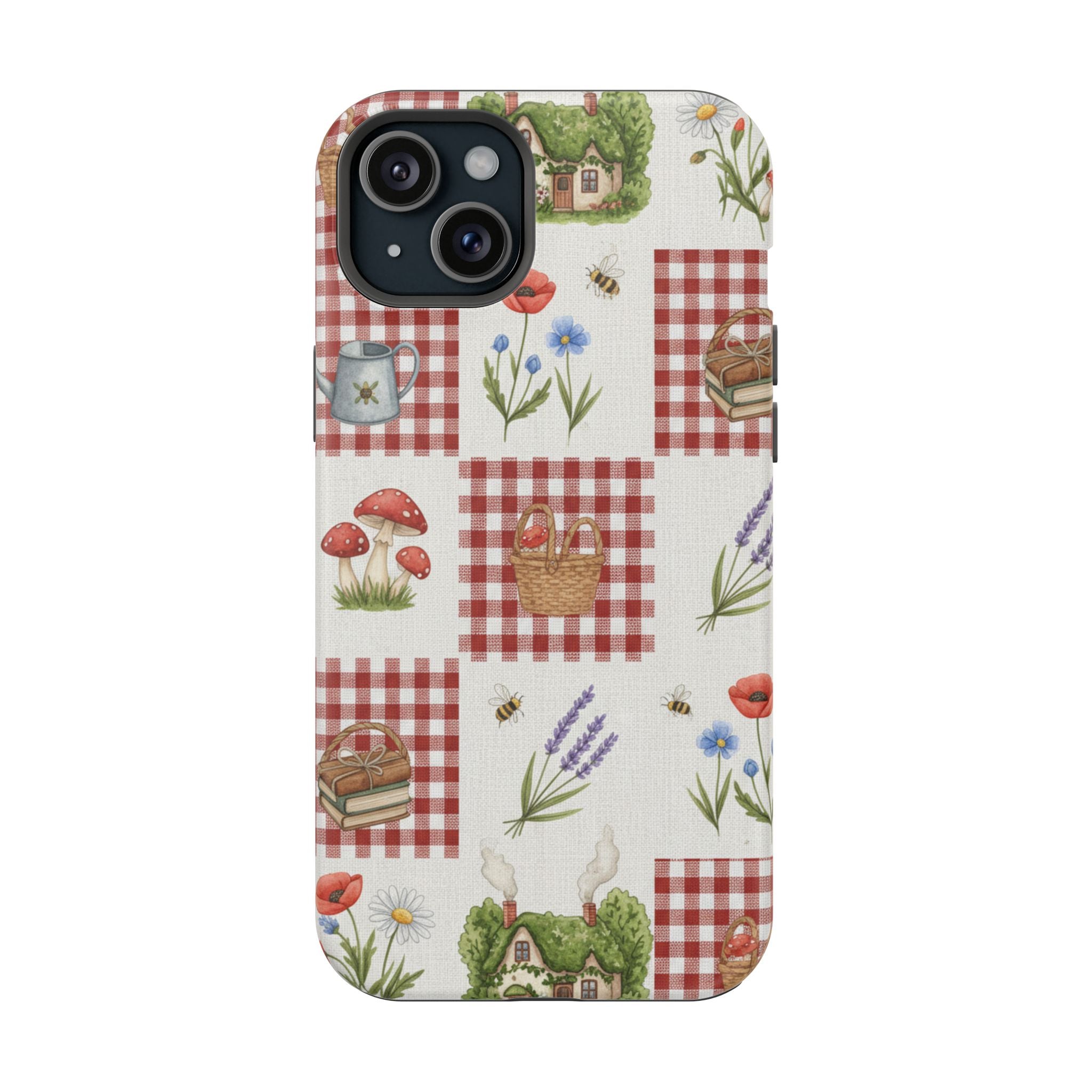 Red Gingham Check Phone Case Rustic Farmhouse Theme Watercolor Countryside Print Whimsical Floral Cell Phone Cover