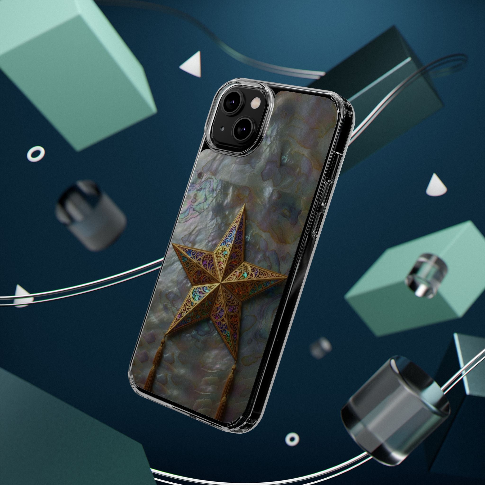 Golden Star Ornament Phone Case Mother of Pearl Background Nacre Texture Festive Celestial Decor Parol Inspired Shimmering Pearl Shell Gift