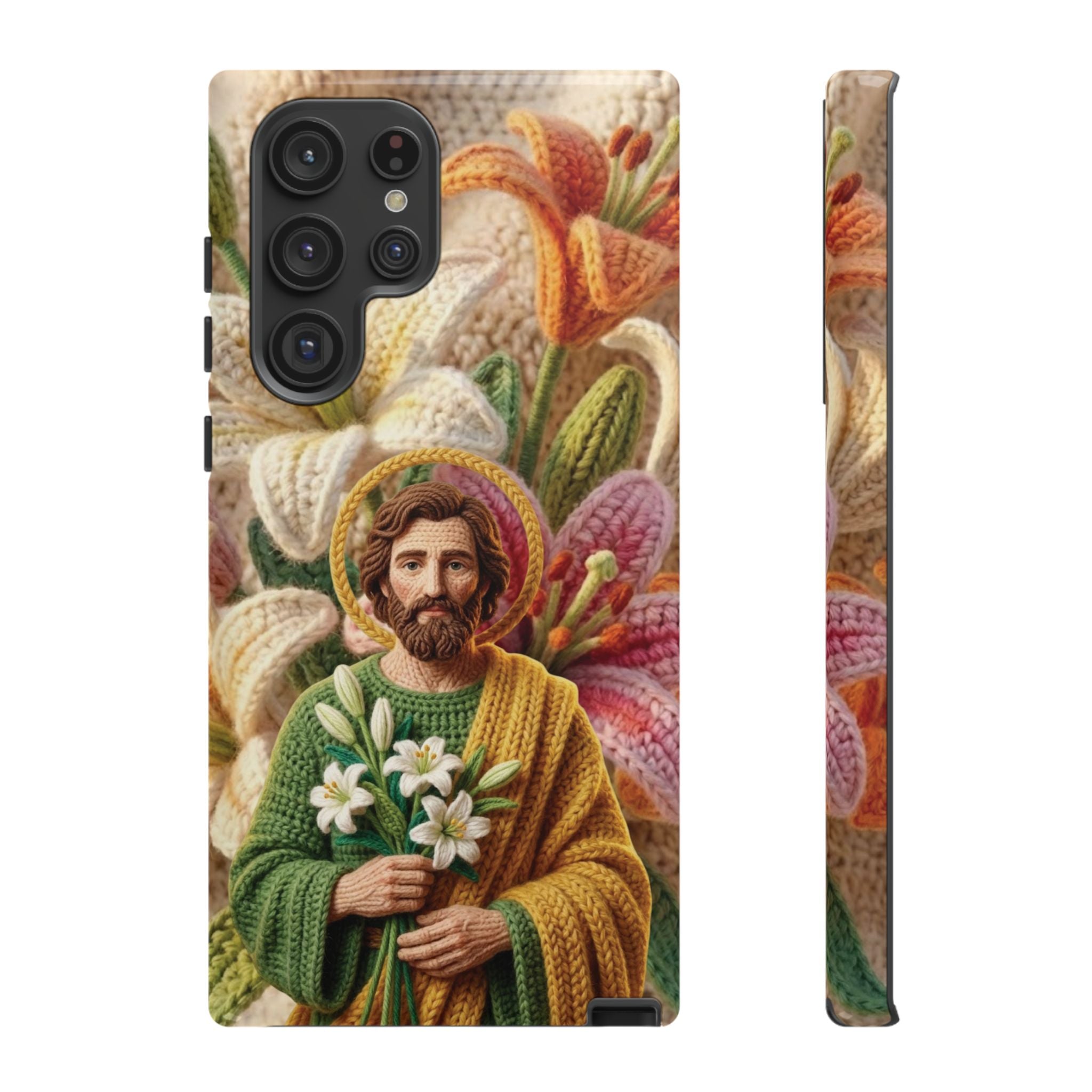 Phone Case Saint Joseph Lilies Design Holy Figure Phone Cover Faith Based Faux Yarn Saint of Workers Gift Samsung iPhone Pixel Models