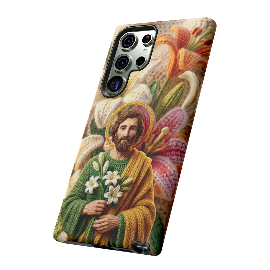 Phone Case Saint Joseph Lilies Design Holy Figure Phone Cover Faith Based Faux Yarn Saint of Workers Gift Samsung iPhone Pixel Models
