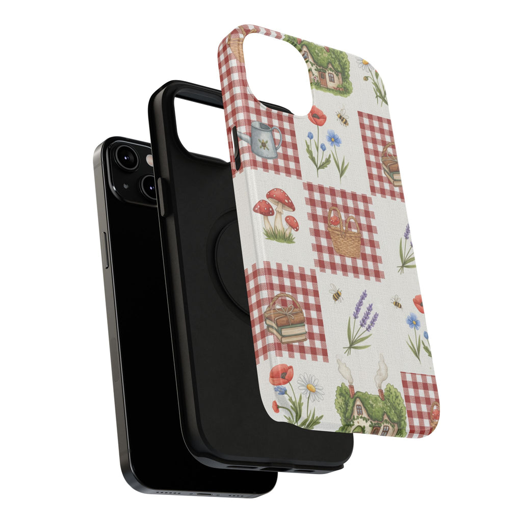 Red Gingham Check Phone Case Rustic Farmhouse Theme Watercolor Countryside Print Whimsical Floral Cell Phone Cover
