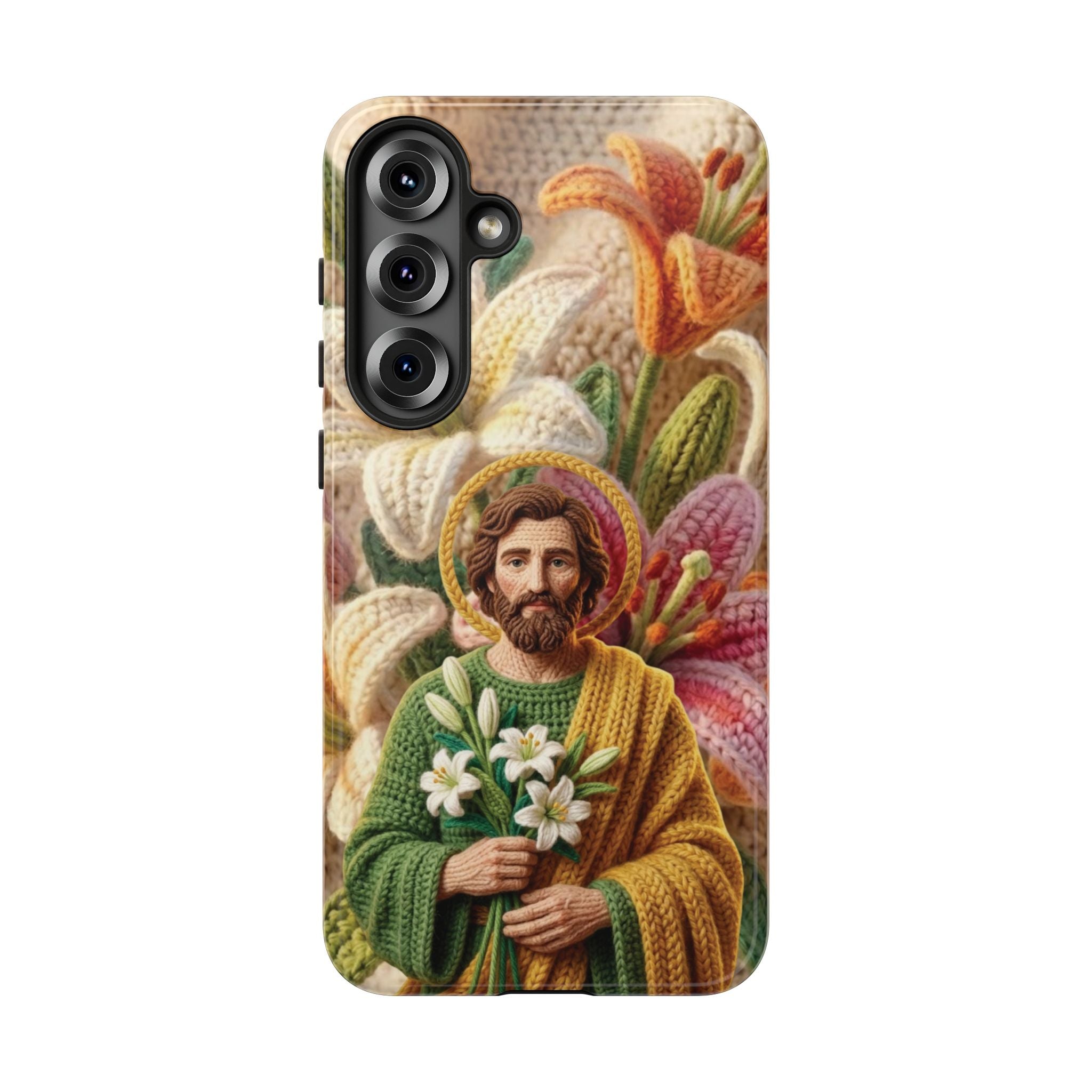 Phone Case Saint Joseph Lilies Design Holy Figure Phone Cover Faith Based Faux Yarn Saint of Workers Gift Samsung iPhone Pixel Models