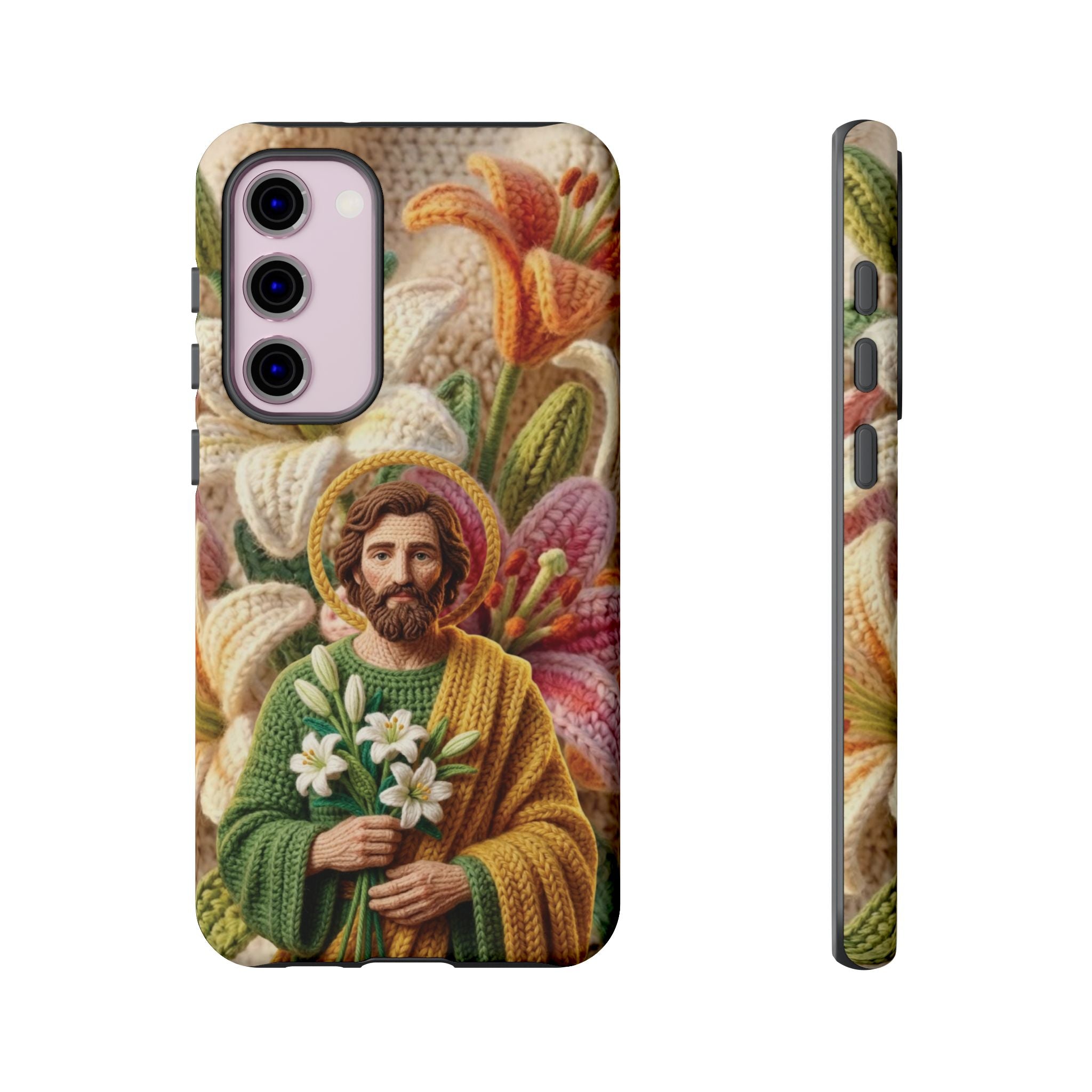 Phone Case Saint Joseph Lilies Design Holy Figure Phone Cover Faith Based Faux Yarn Saint of Workers Gift Samsung iPhone Pixel Models