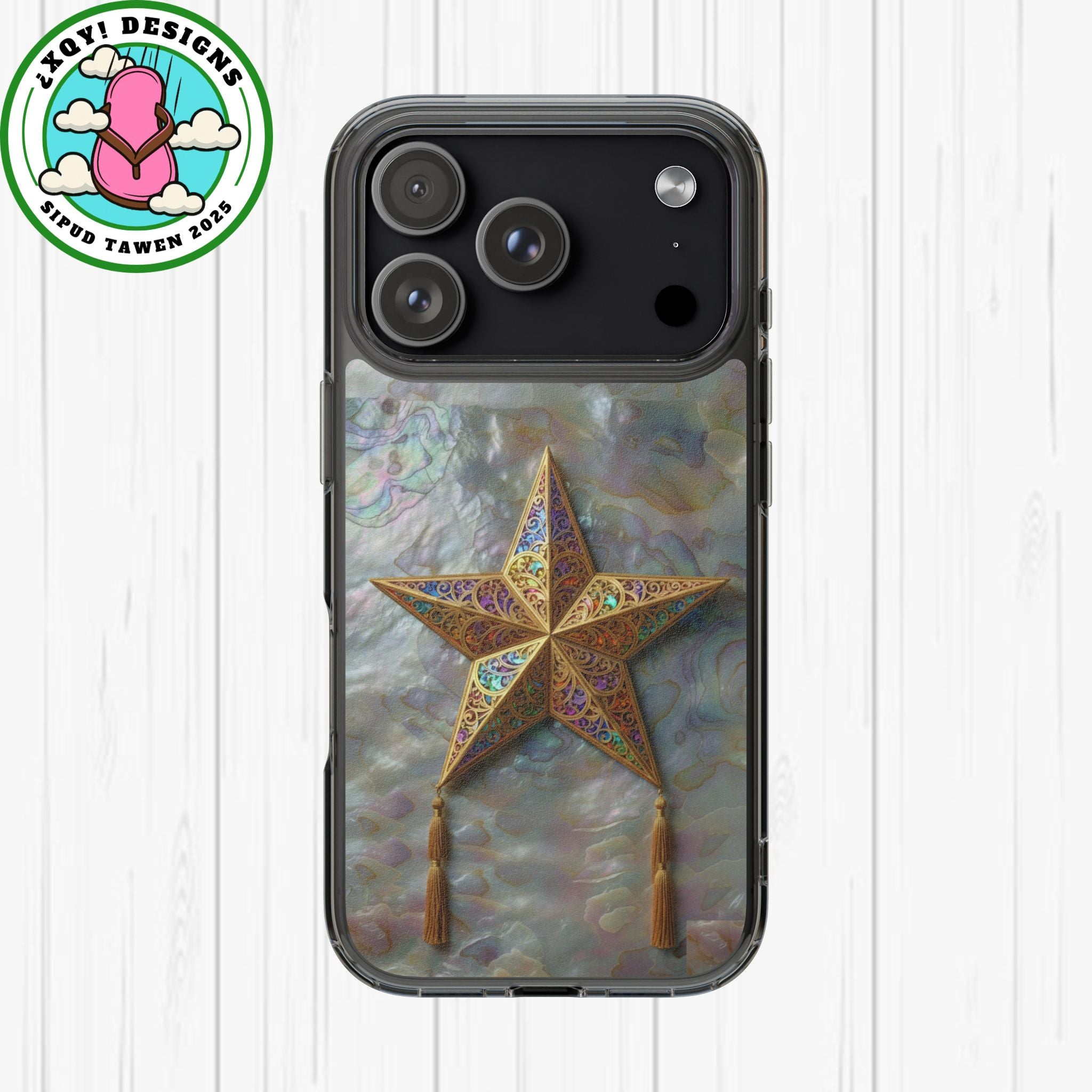 Golden Star Ornament Phone Case Mother of Pearl Background Nacre Texture Festive Celestial Decor Parol Inspired Shimmering Pearl Shell Gift