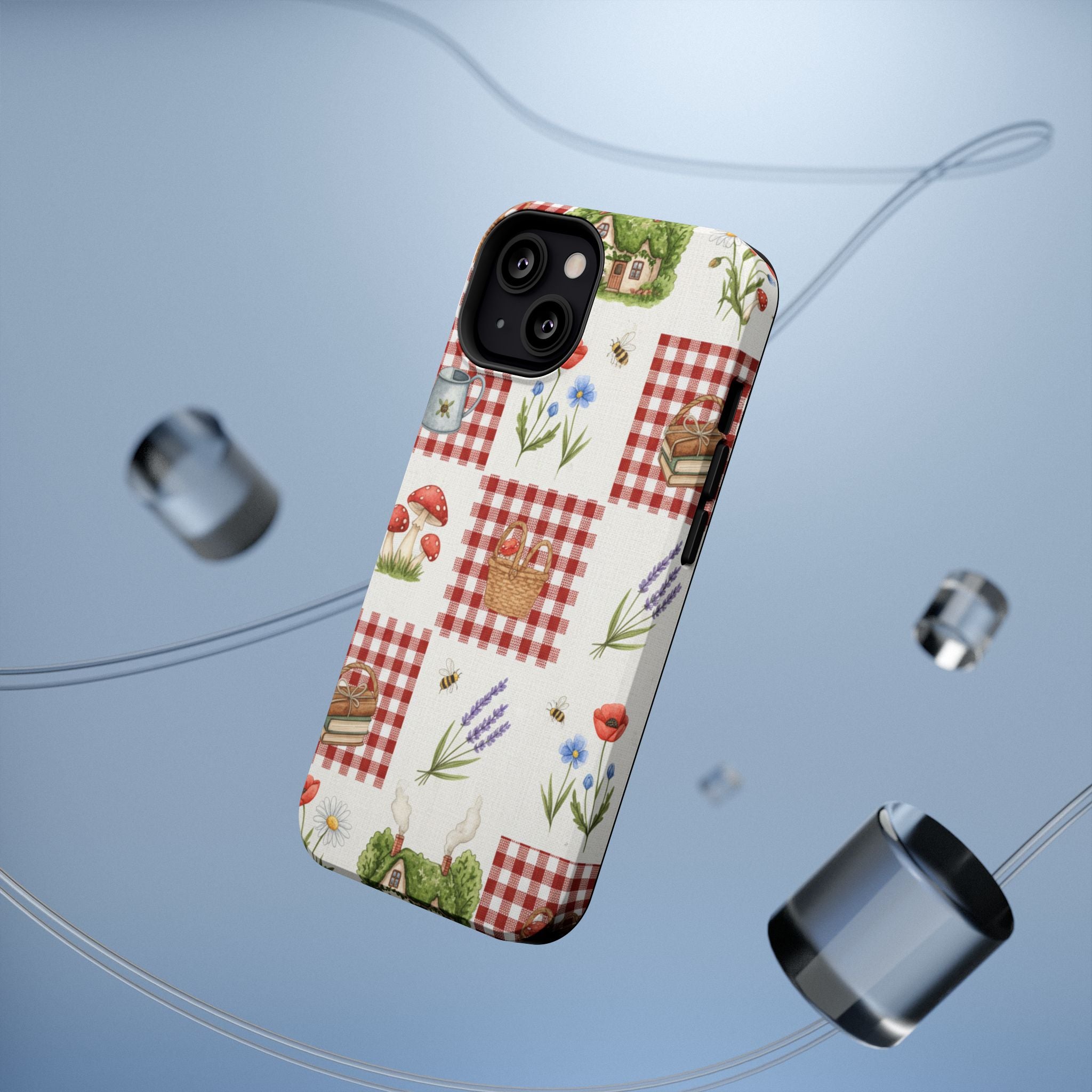 Red Gingham Check Phone Case Rustic Farmhouse Theme Watercolor Countryside Print Whimsical Floral Cell Phone Cover