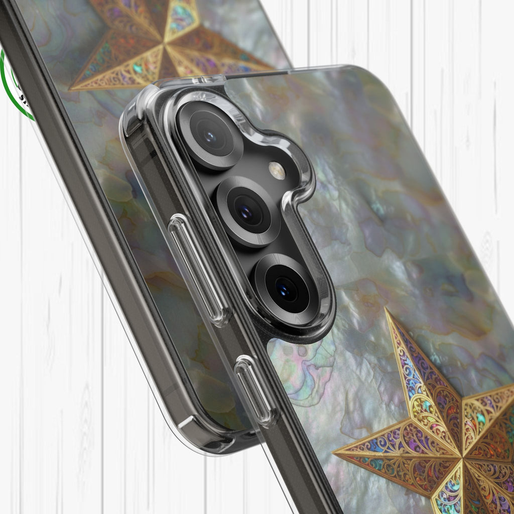 Golden Star Ornament Phone Case Mother of Pearl Background Nacre Texture Festive Celestial Decor Parol Inspired Shimmering Pearl Shell Gift