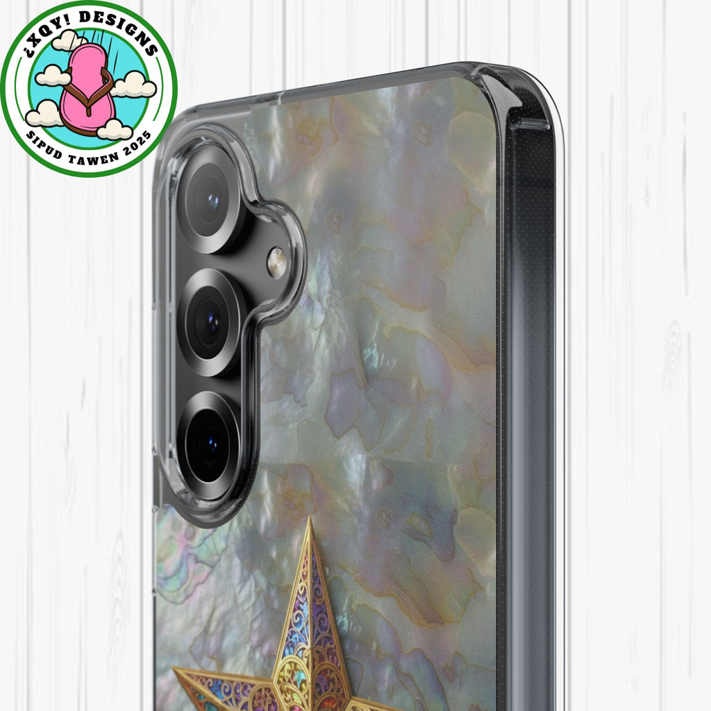 Golden Star Ornament Phone Case Mother of Pearl Background Nacre Texture Festive Celestial Decor Parol Inspired Shimmering Pearl Shell Gift