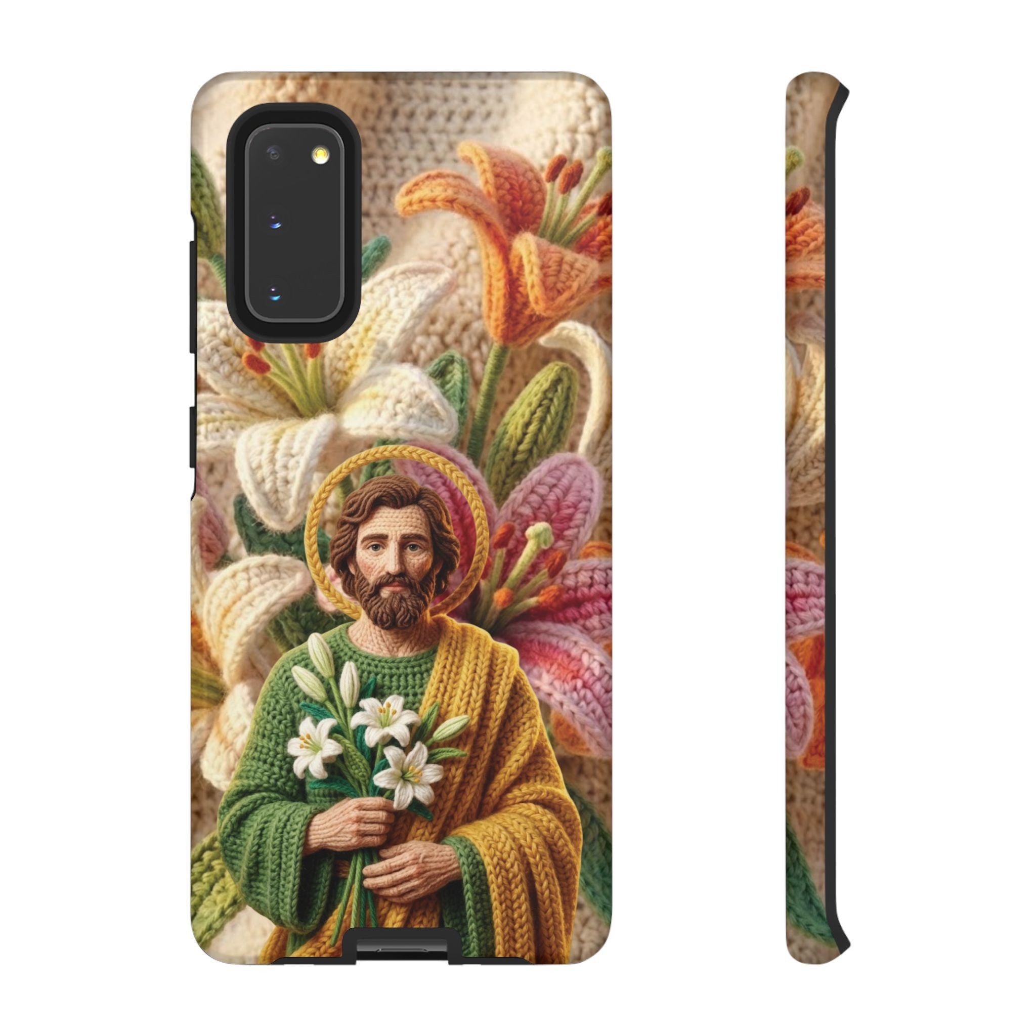 Phone Case Saint Joseph Lilies Design Holy Figure Phone Cover Faith Based Faux Yarn Saint of Workers Gift Samsung iPhone Pixel Models