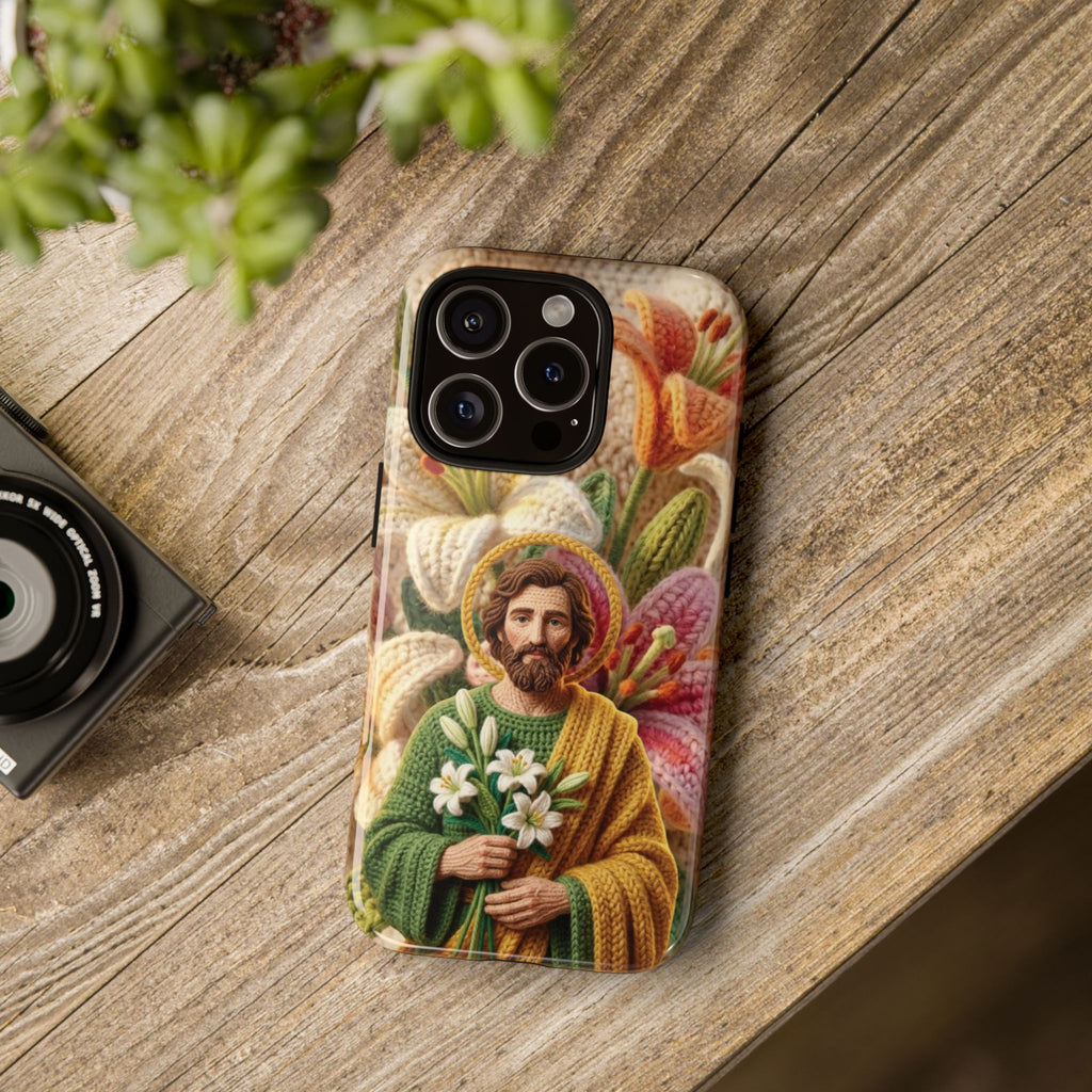 Phone Case Saint Joseph Lilies Design Holy Figure Phone Cover Faith Based Faux Yarn Saint of Workers Gift Samsung iPhone Pixel Models