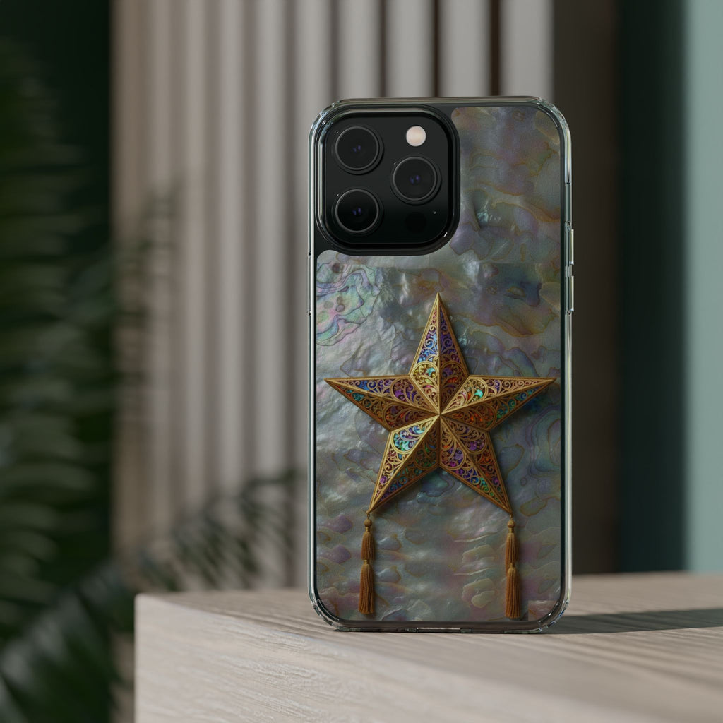 Golden Star Ornament Phone Case Mother of Pearl Background Nacre Texture Festive Celestial Decor Parol Inspired Shimmering Pearl Shell Gift