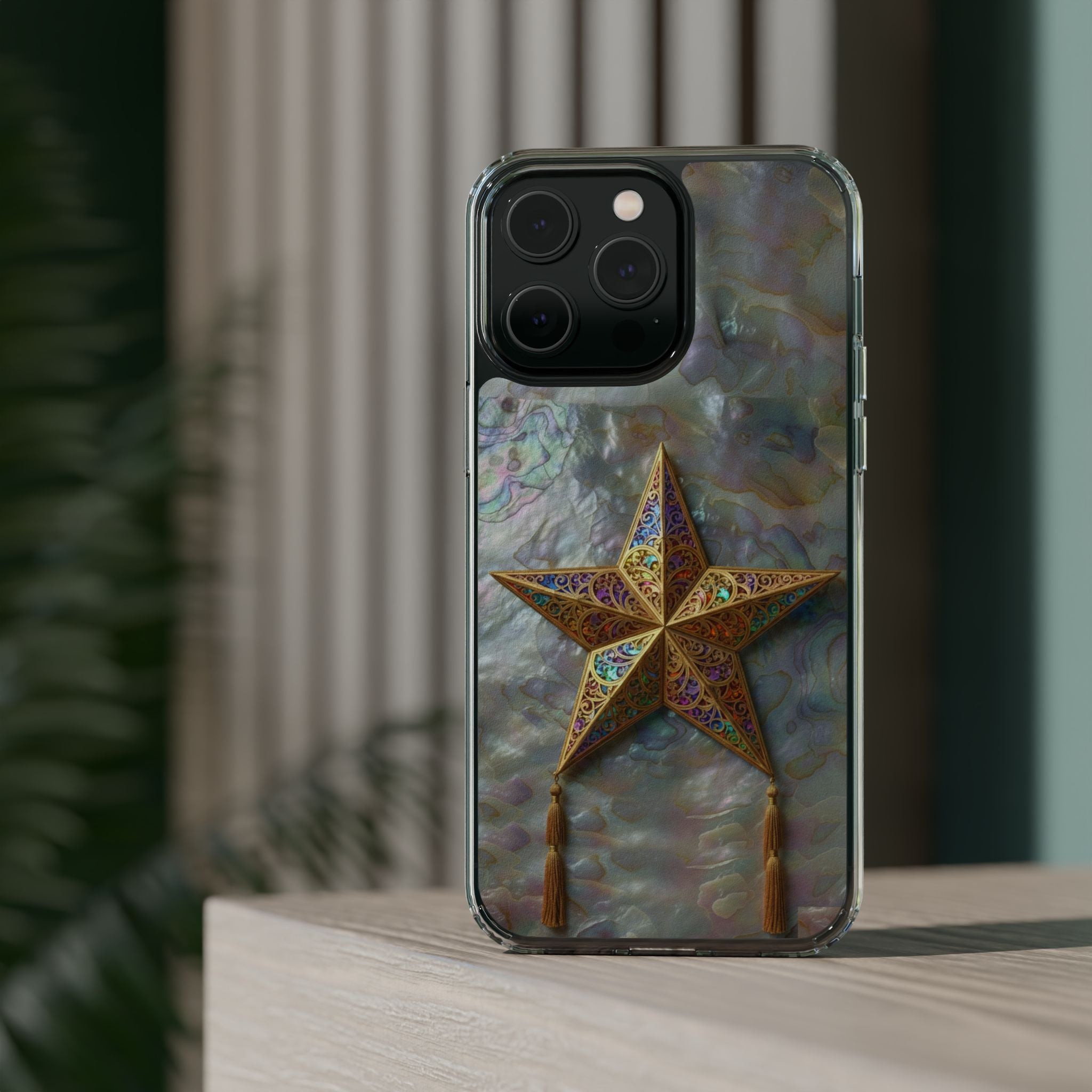Golden Star Ornament Phone Case Mother of Pearl Background Nacre Texture Festive Celestial Decor Parol Inspired Shimmering Pearl Shell Gift