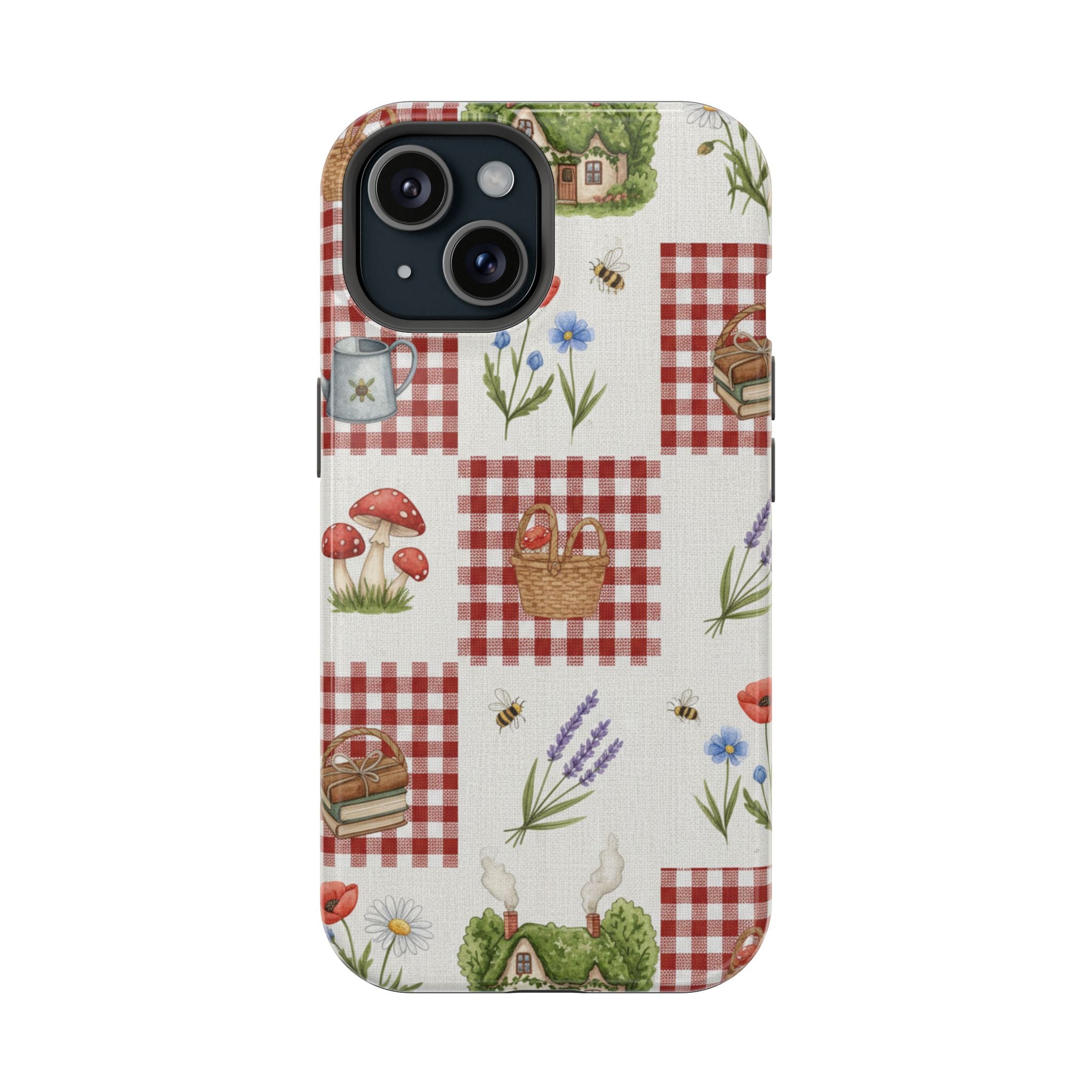 Red Gingham Check Phone Case Rustic Farmhouse Theme Watercolor Countryside Print Whimsical Floral Cell Phone Cover