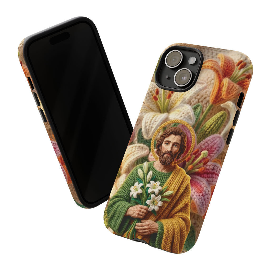 Phone Case Saint Joseph Lilies Design Holy Figure Phone Cover Faith Based Faux Yarn Saint of Workers Gift Samsung iPhone Pixel Models
