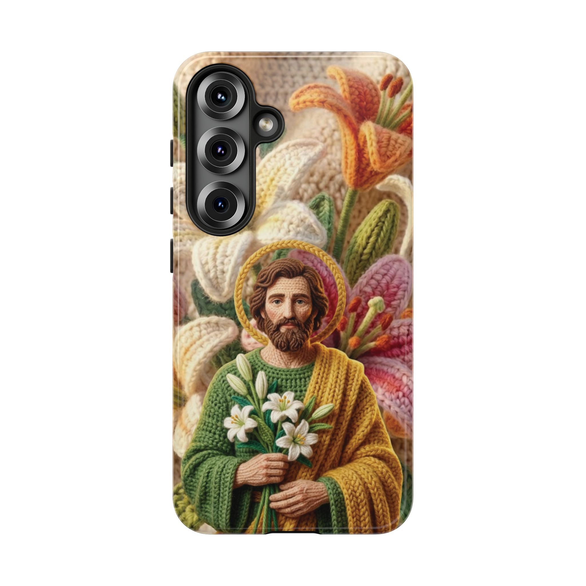 Phone Case Saint Joseph Lilies Design Holy Figure Phone Cover Faith Based Faux Yarn Saint of Workers Gift Samsung iPhone Pixel Models