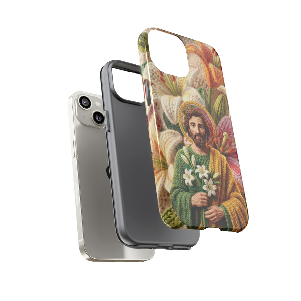 Phone Case Saint Joseph Lilies Design Holy Figure Phone Cover Faith Based Faux Yarn Saint of Workers Gift Samsung iPhone Pixel Models