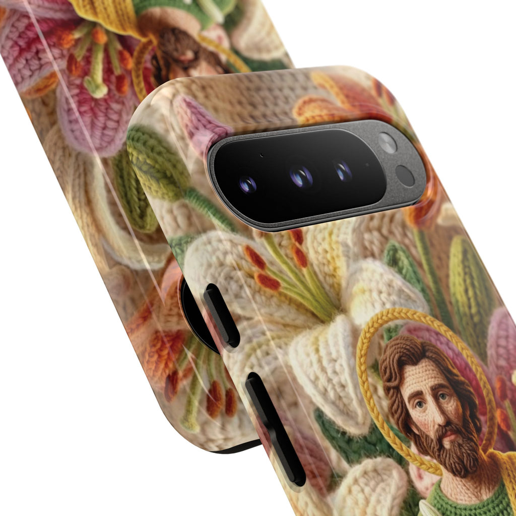 Phone Case Saint Joseph Lilies Design Holy Figure Phone Cover Faith Based Faux Yarn Saint of Workers Gift Samsung iPhone Pixel Models