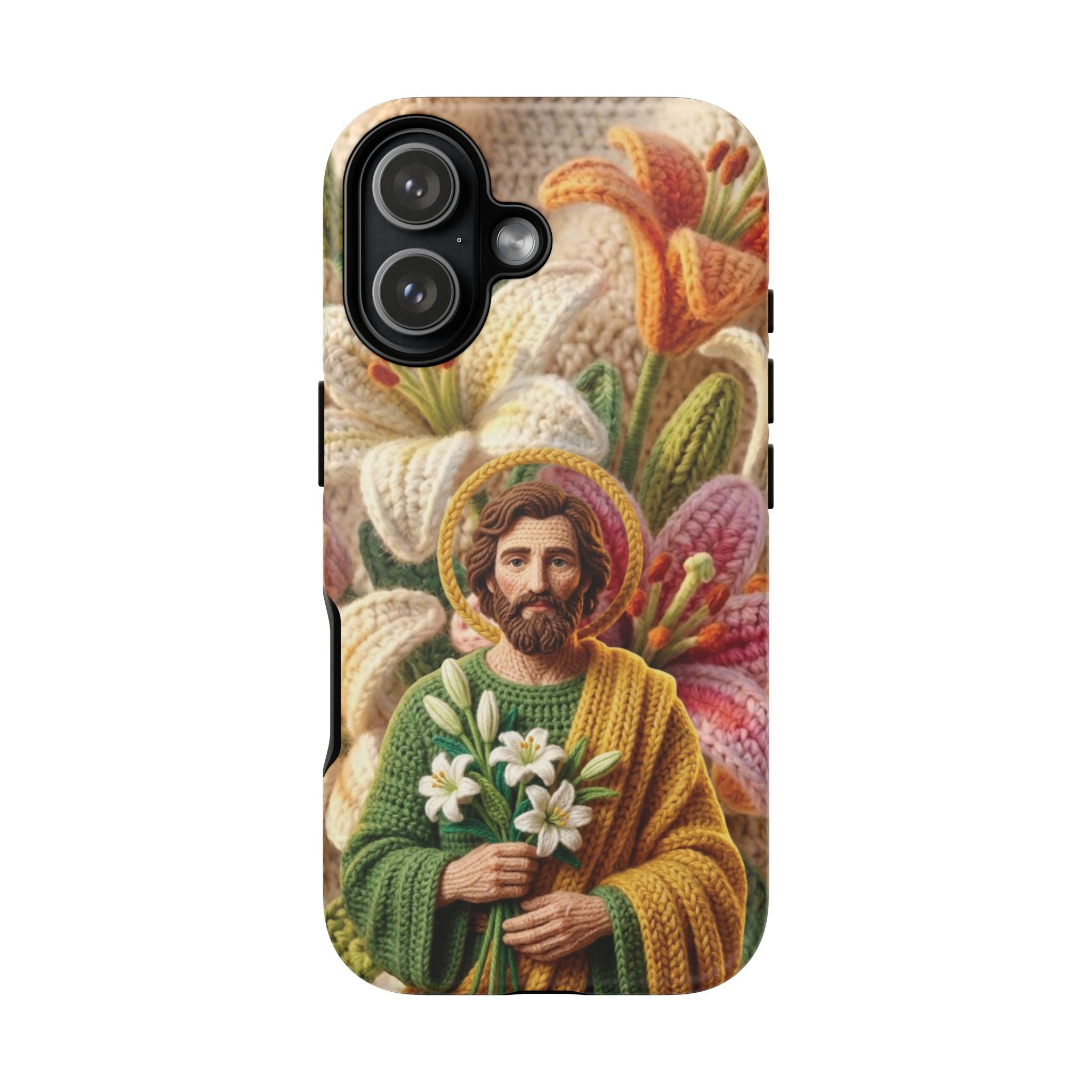 Phone Case Saint Joseph Lilies Design Holy Figure Phone Cover Faith Based Faux Yarn Saint of Workers Gift Samsung iPhone Pixel Models