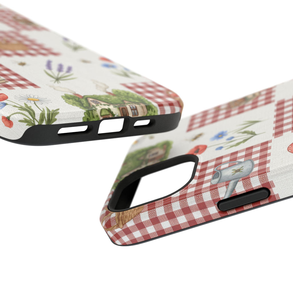 Red Gingham Check Phone Case Rustic Farmhouse Theme Watercolor Countryside Print Whimsical Floral Cell Phone Cover