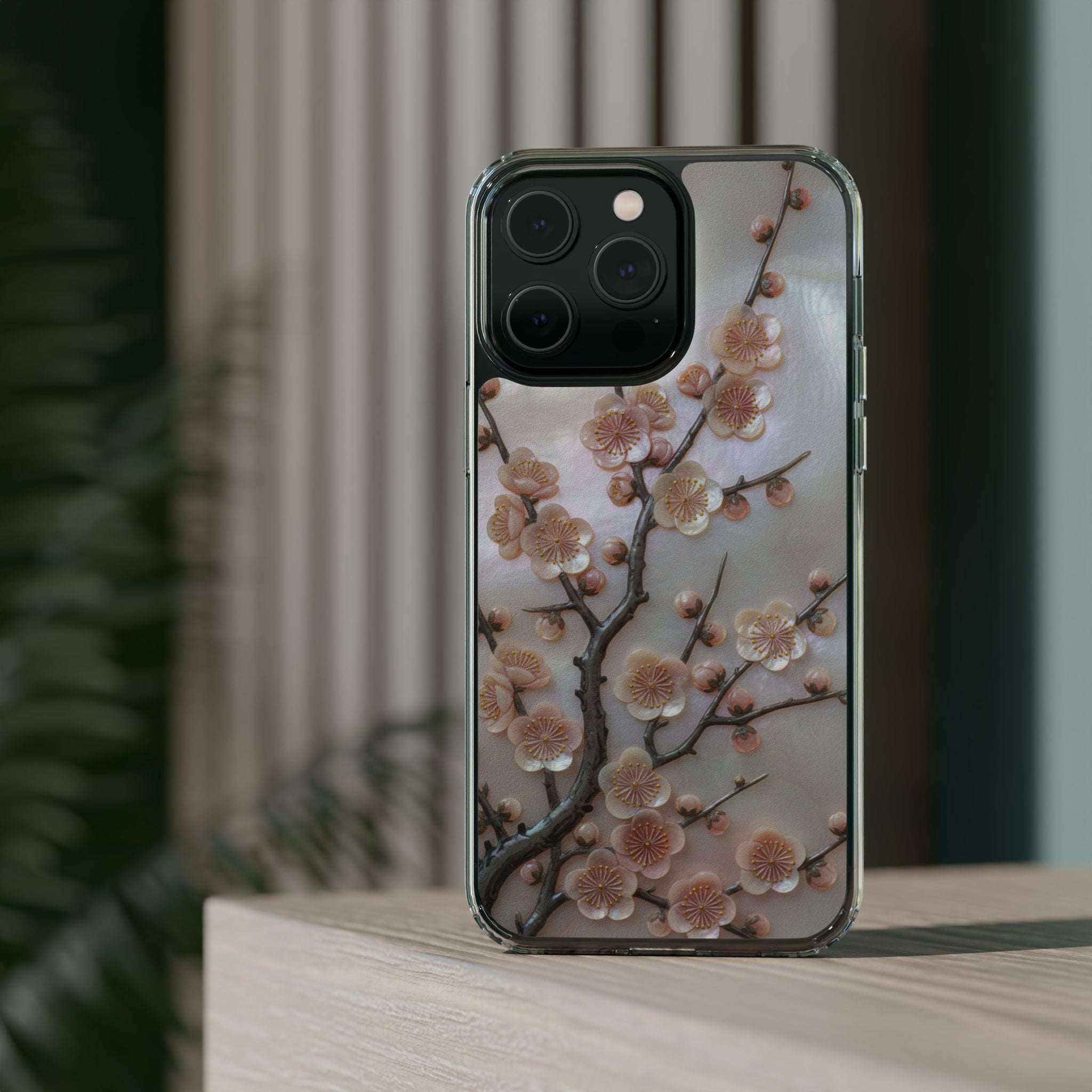 Mother of Pearl Plum Blossom Art Phone Case Nacre Flower Wall Decor Design Iridescent Shell Art Inlay Shimmering Spring Panel Floral Cover