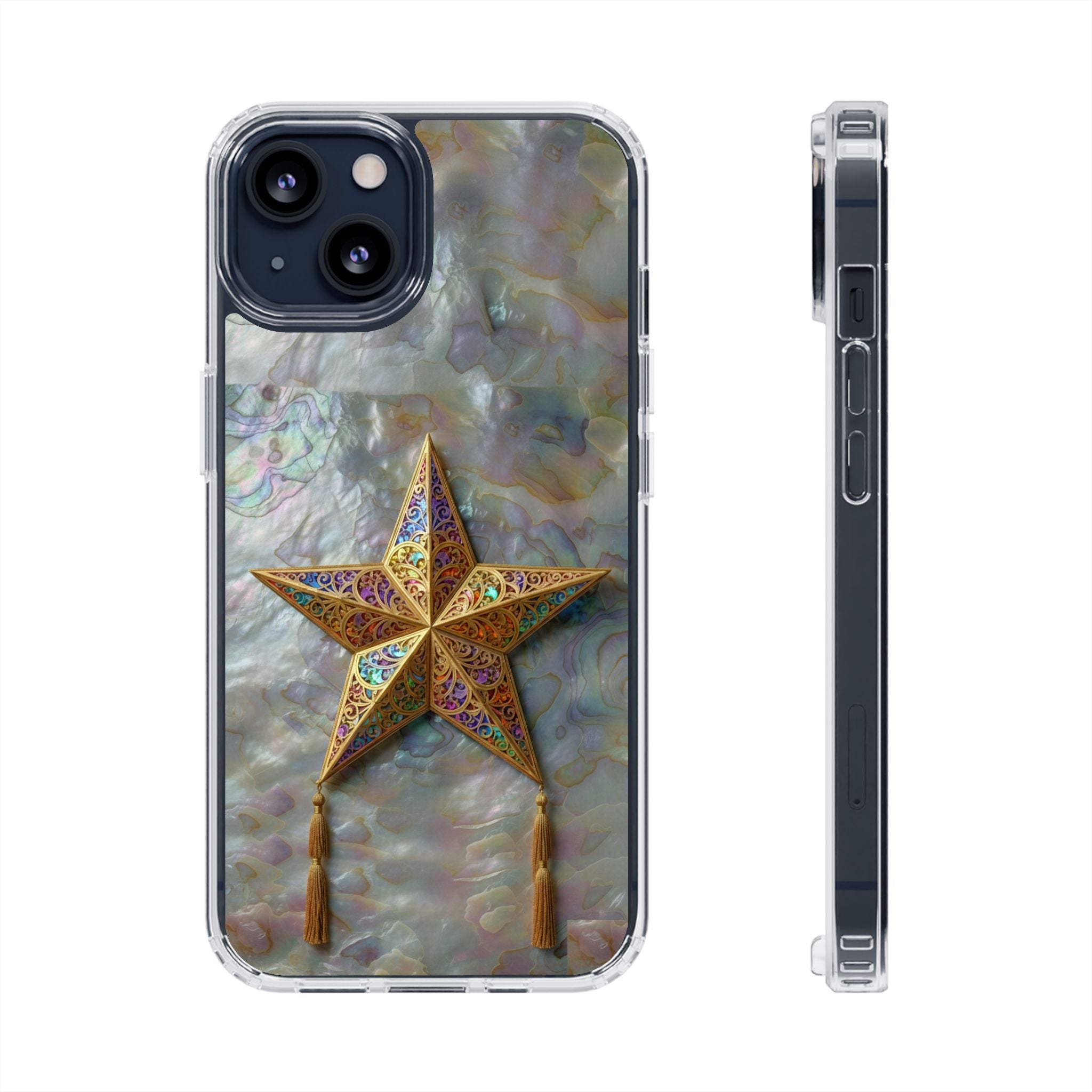 Golden Star Ornament Phone Case Mother of Pearl Background Nacre Texture Festive Celestial Decor Parol Inspired Shimmering Pearl Shell Gift