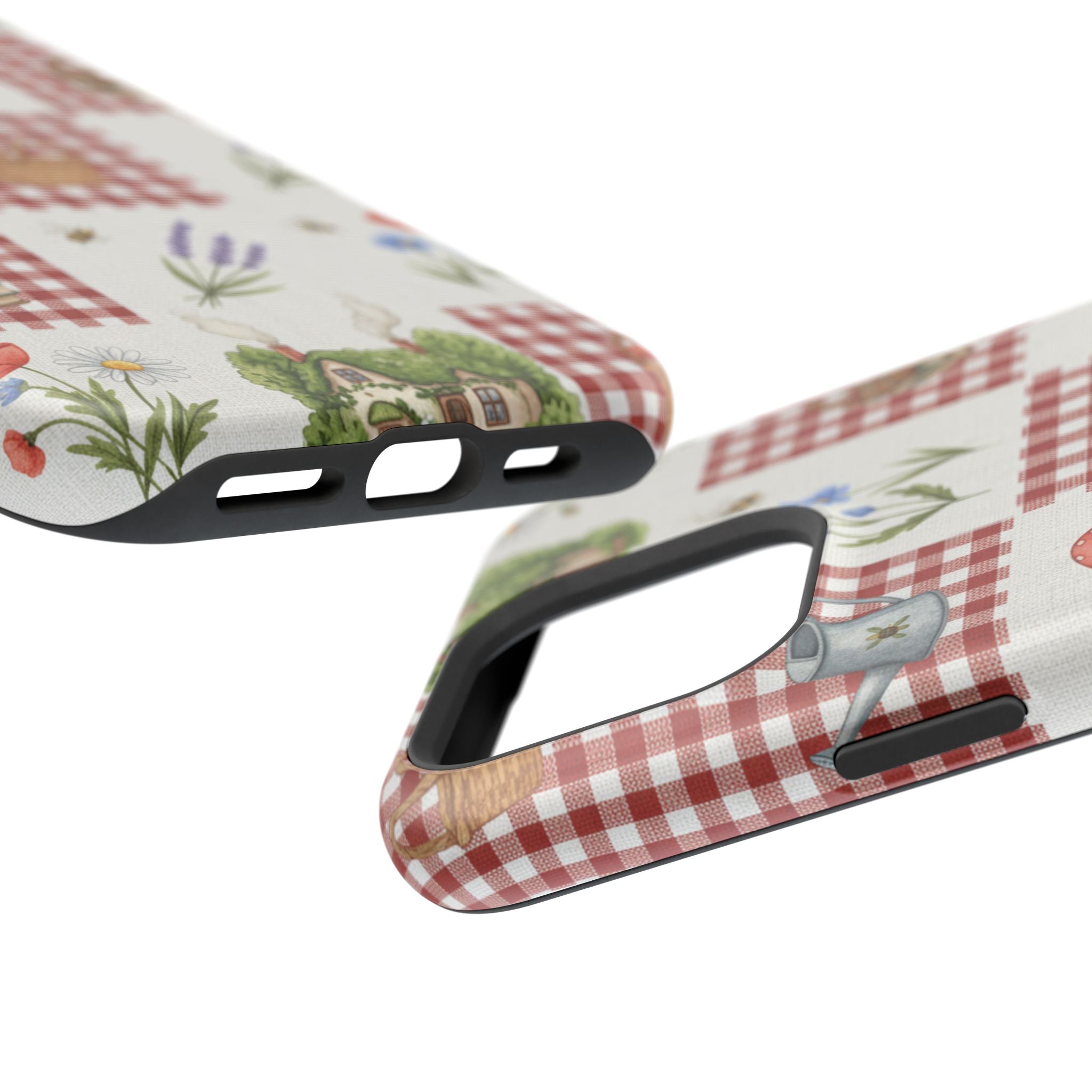 Red Gingham Check Phone Case Rustic Farmhouse Theme Watercolor Countryside Print Whimsical Floral Cell Phone Cover