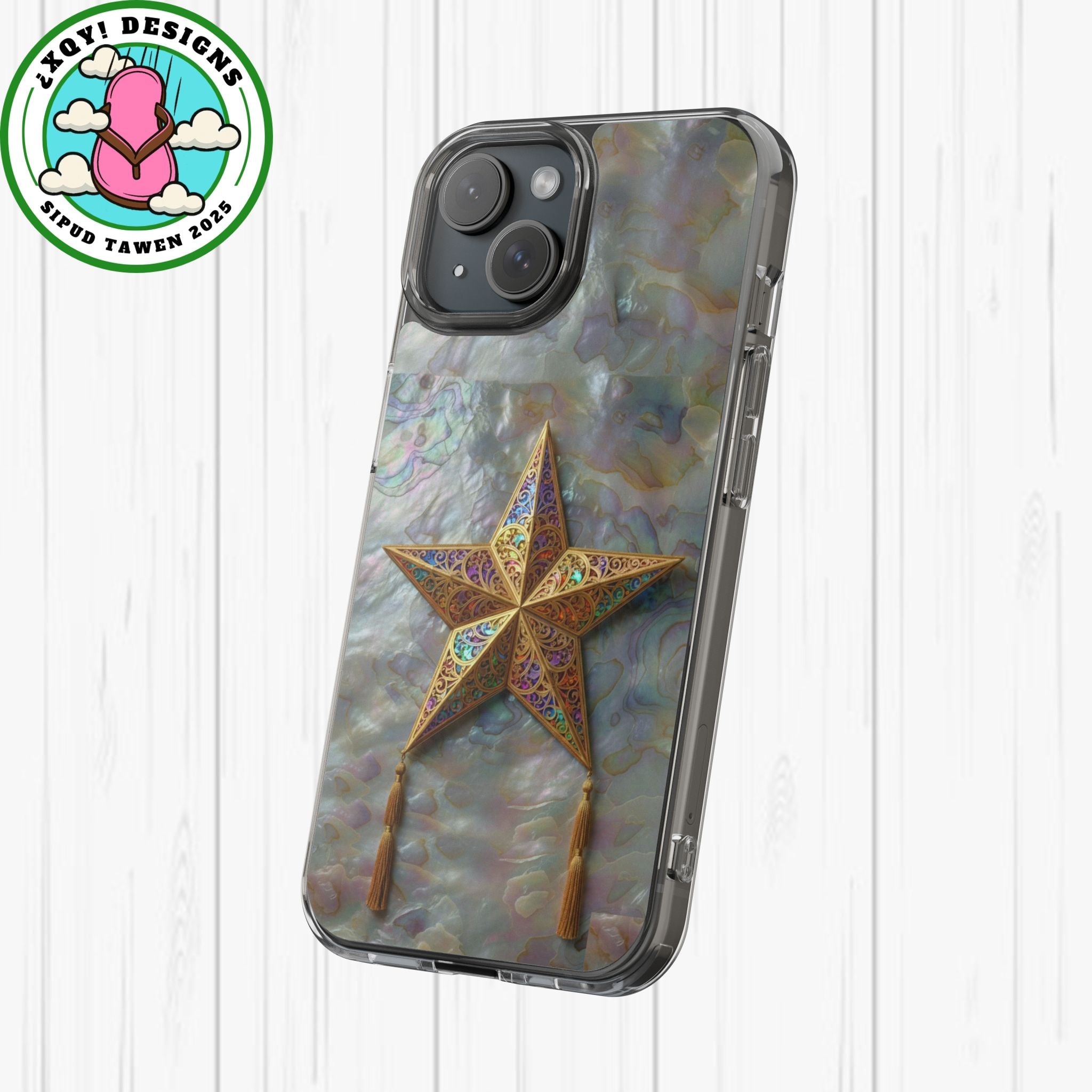 Golden Star Ornament Phone Case Mother of Pearl Background Nacre Texture Festive Celestial Decor Parol Inspired Shimmering Pearl Shell Gift