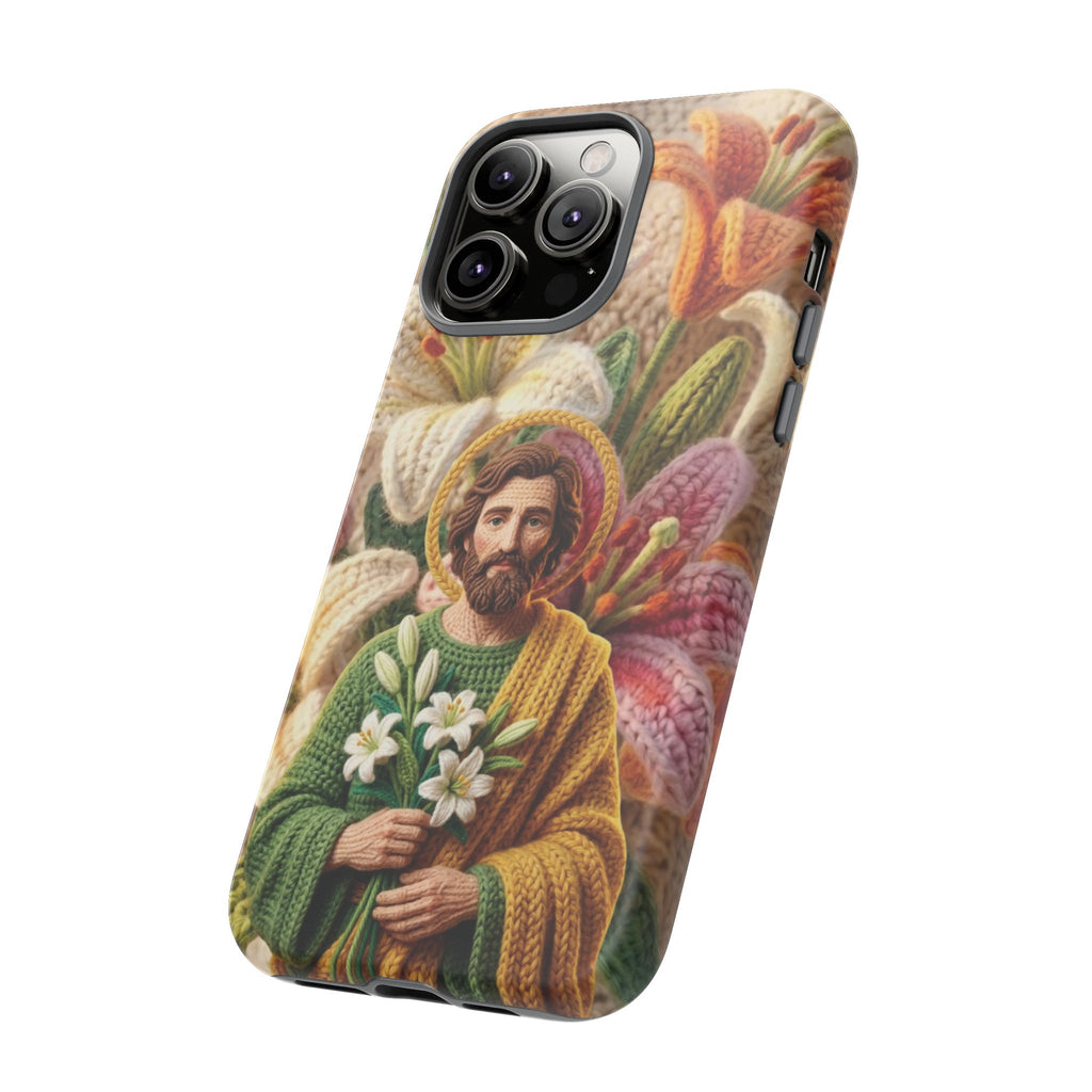 Phone Case Saint Joseph Lilies Design Holy Figure Phone Cover Faith Based Faux Yarn Saint of Workers Gift Samsung iPhone Pixel Models